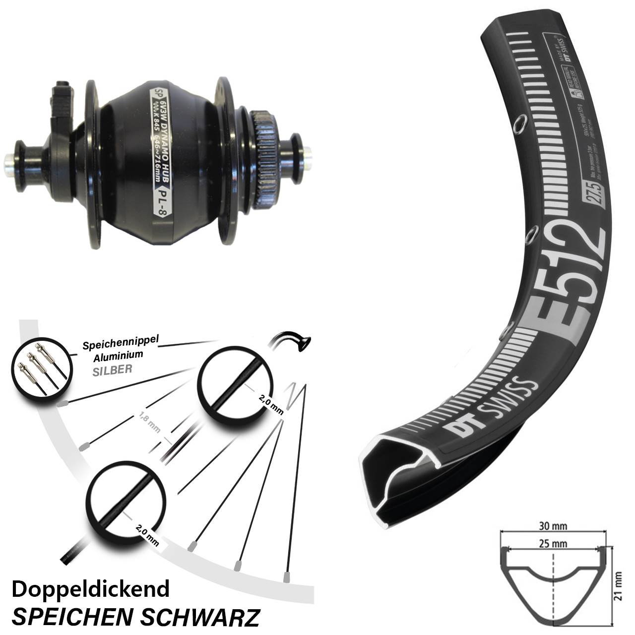 DT Swiss E512 Shutter PL-8 650B Nabendynamovorderrad Centerlock QR