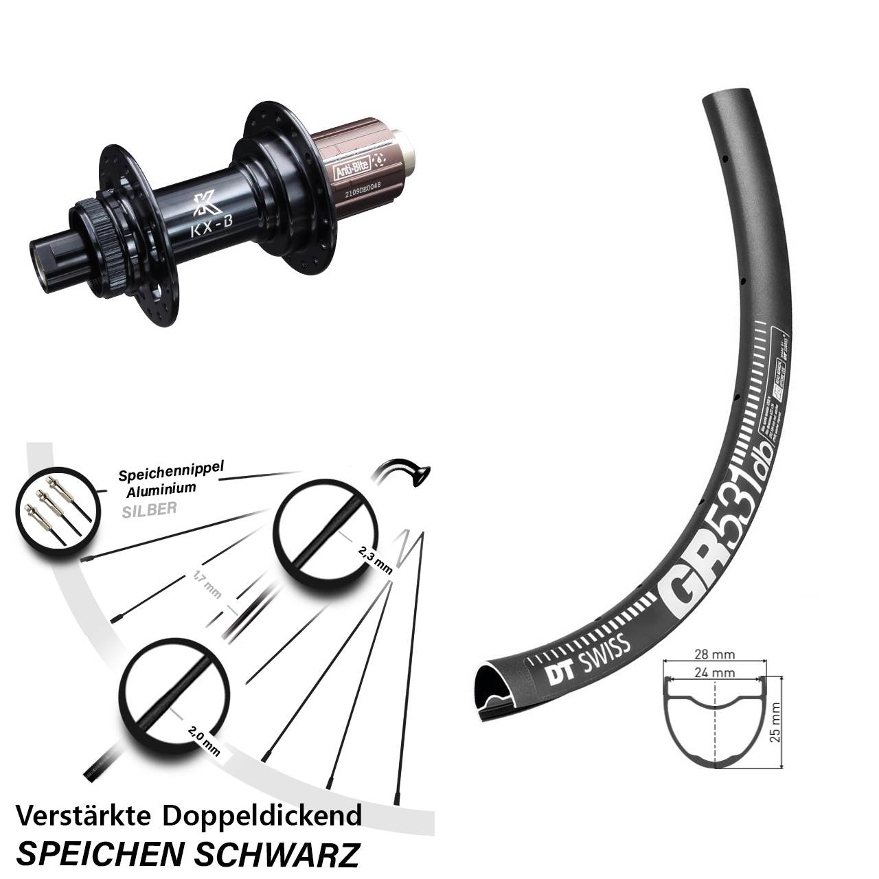 DT Swiss GR 531 DB Hinterrad 28-29 Zoll Bikepacking Gravel KX-B Boost 12x148 mm Centerlock 8-12 fach