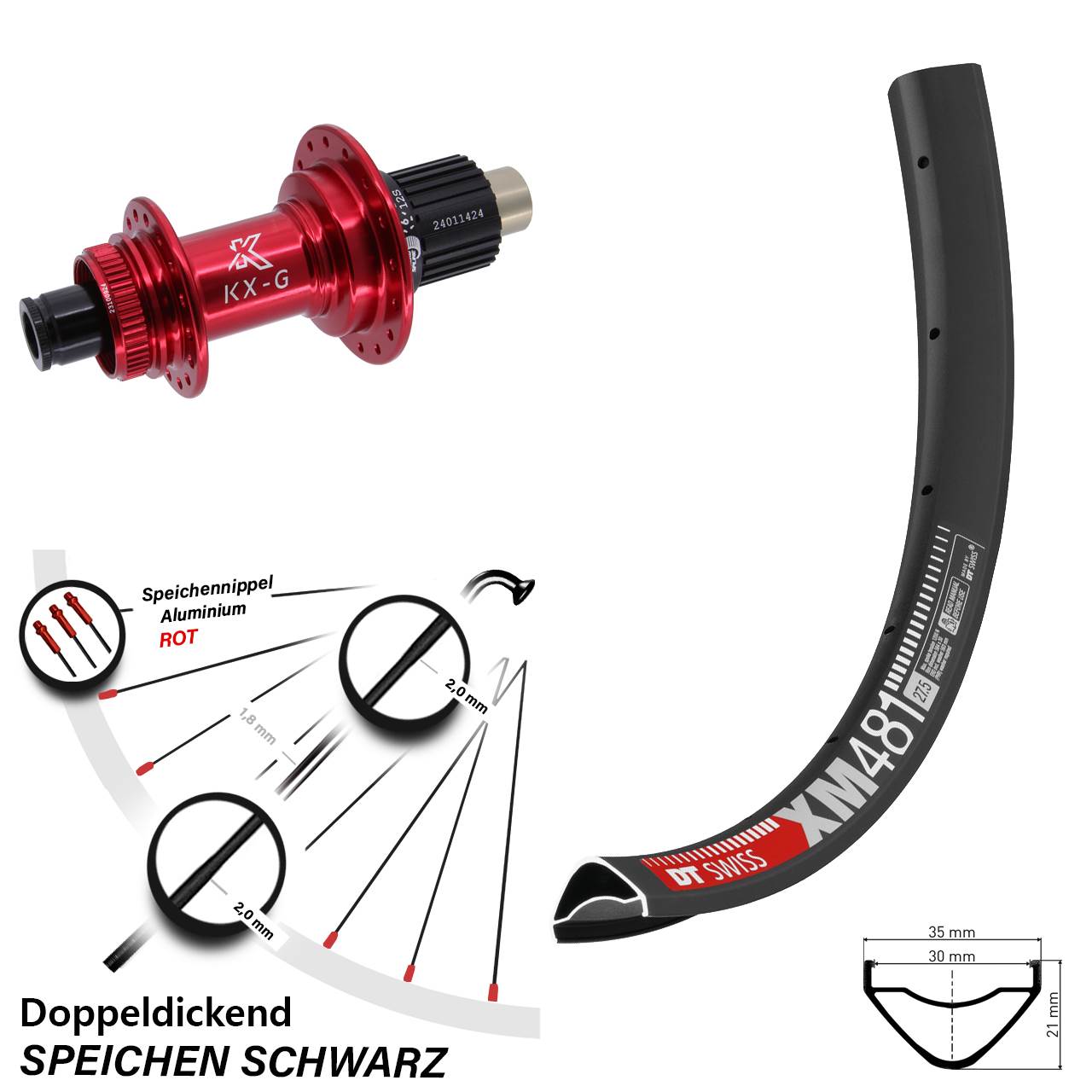 DT Swiss XM 481 27,5 Zoll Hinterrad KX-G rot Micro Spline 12x142