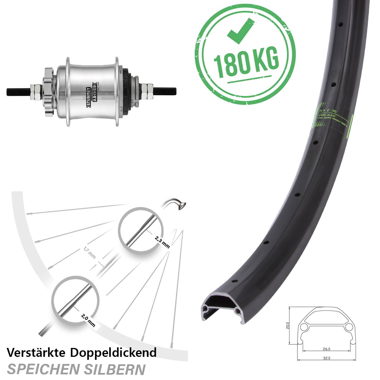 KX Evo Hinterrad 27,5 Zoll Sturmey Archer Automatic 2 Gang Disc