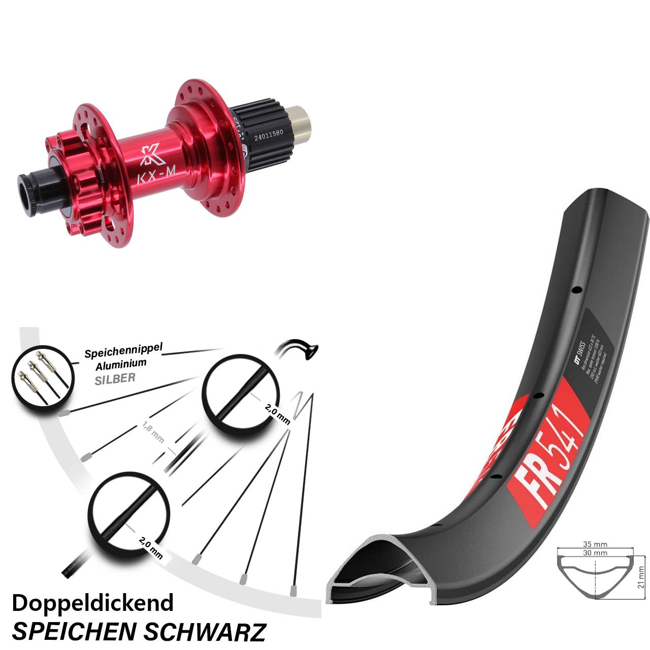 27,5 Zoll Hinterrad DT Swiss FR 541 KX-M rot Micro Spline 12x142