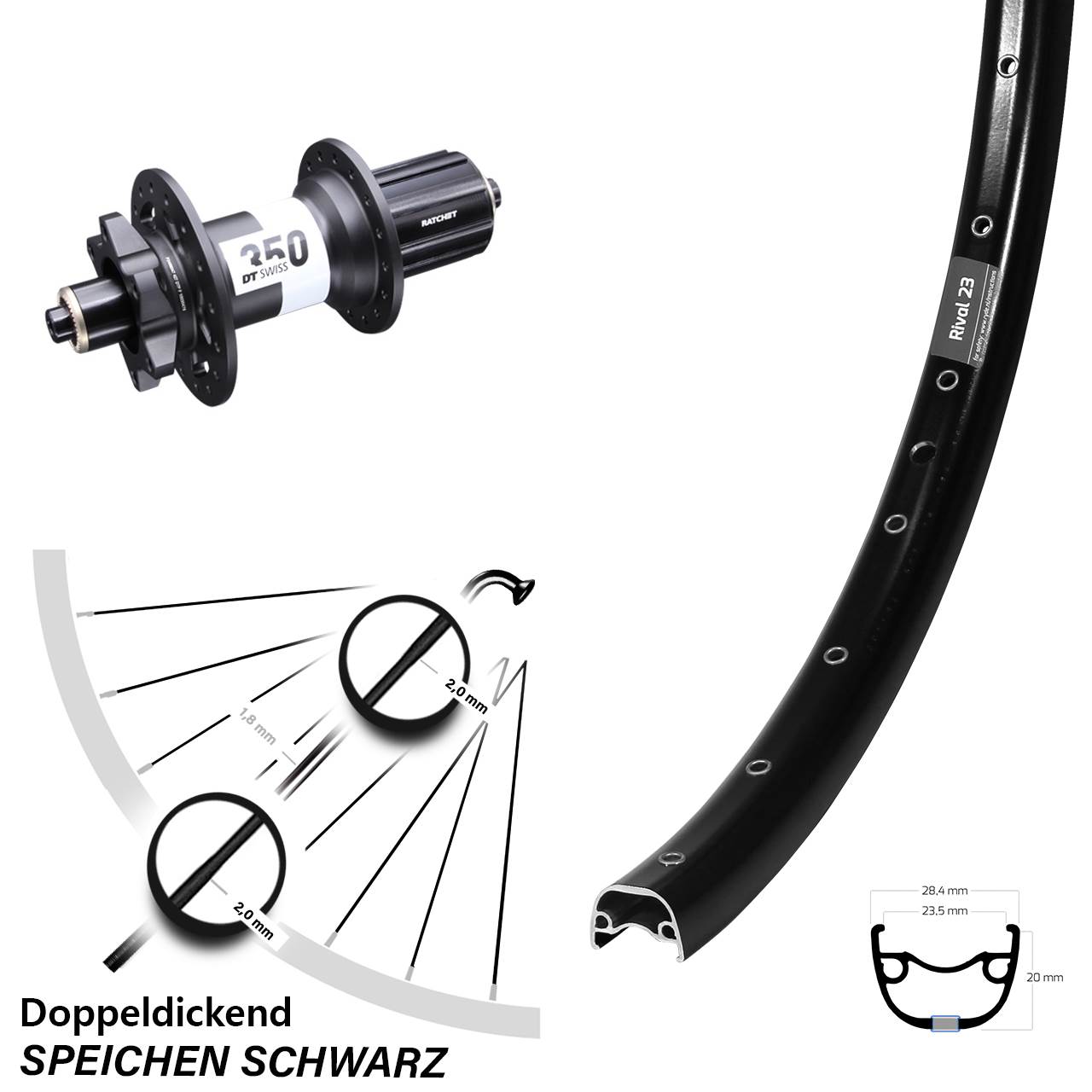 27,5 Zoll Hinterrad DT Swiss 350 Ryde Rival 23 11-fach