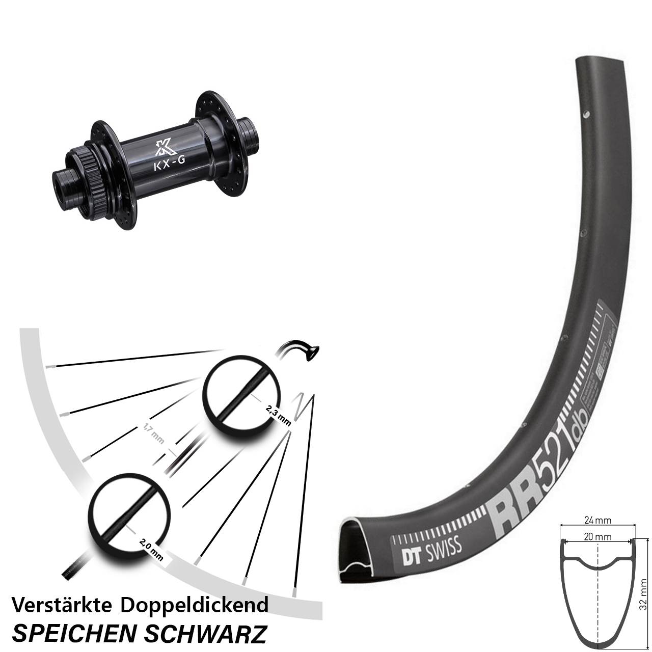 Centerlock Vorderrad 28 Zoll DT Swiss RR521 KX-G Gravel 12x100