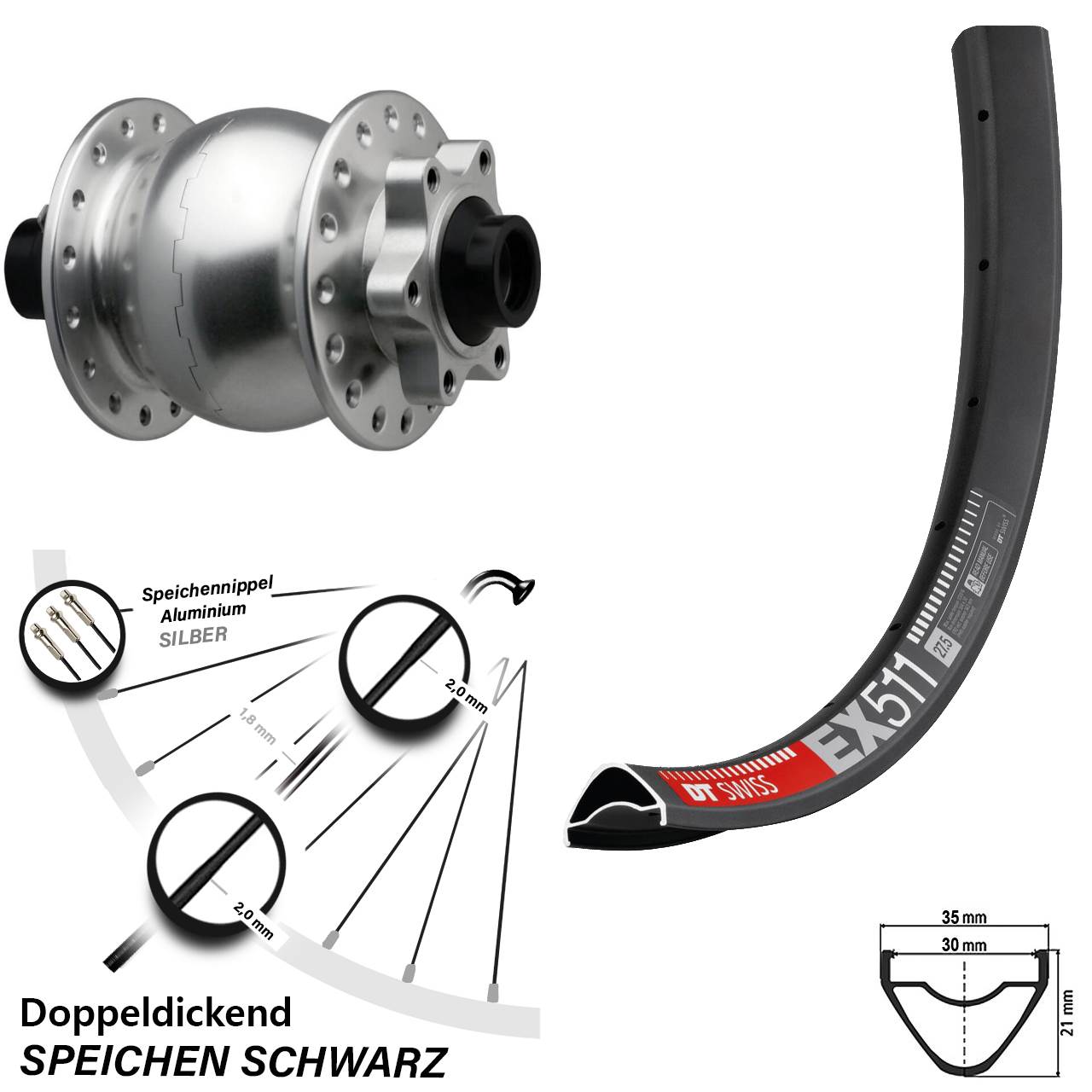 Boost Disc Dynamo-Vorderrad 15x110 29 Zoll DT Swiss EX511 SON 28 silbern
