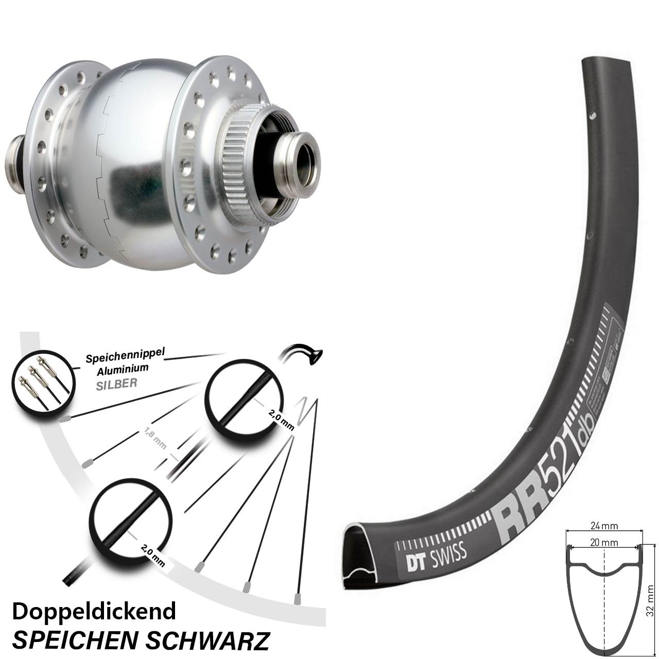 Vorderrad 28 Zoll DT Swiss RR 521 mit SON delux 12 Nabendynamo Disc silber