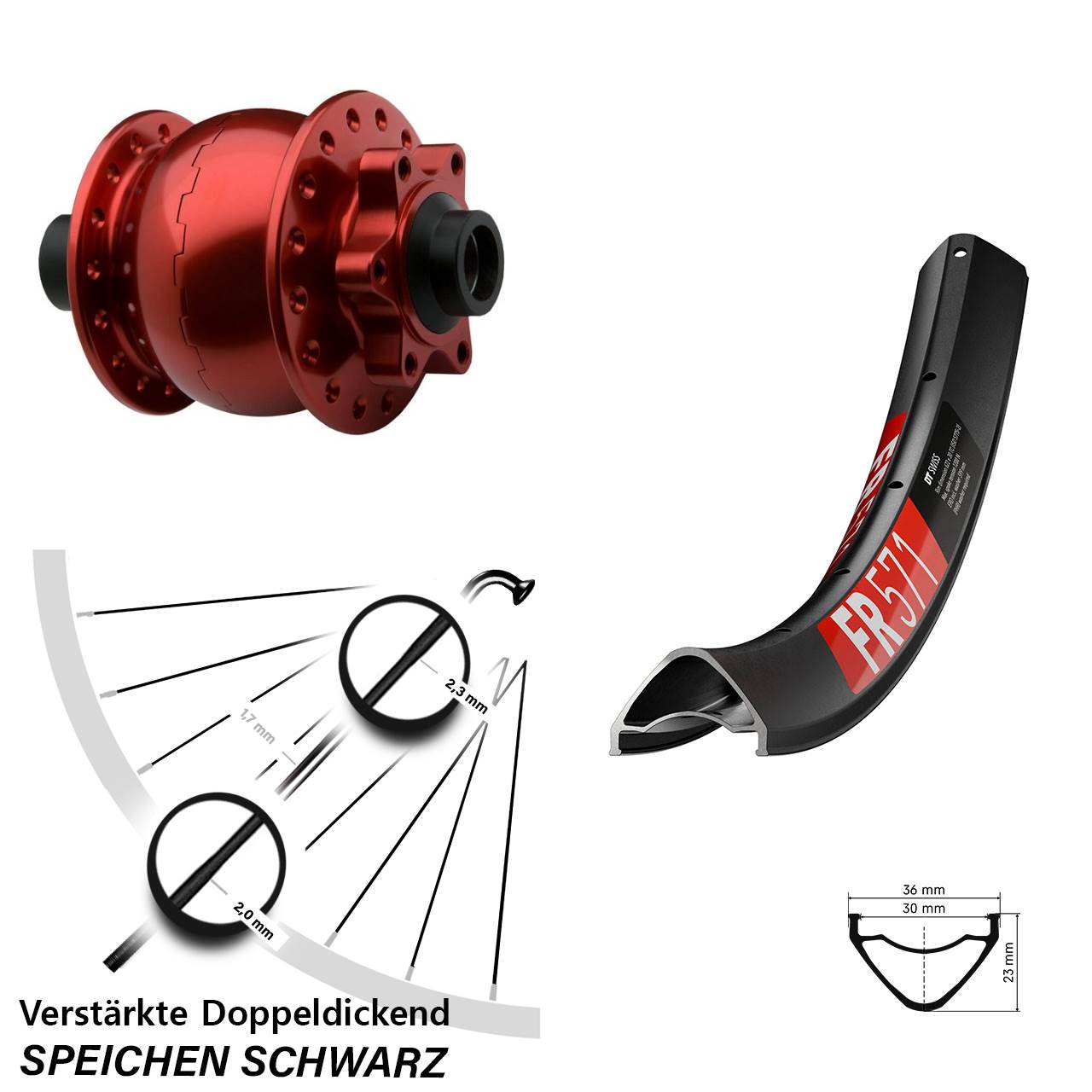 Disc Vorderrad mit Nabendynamo 27,5 Zoll DT Swiss FR571 SON 28 rot 15x100