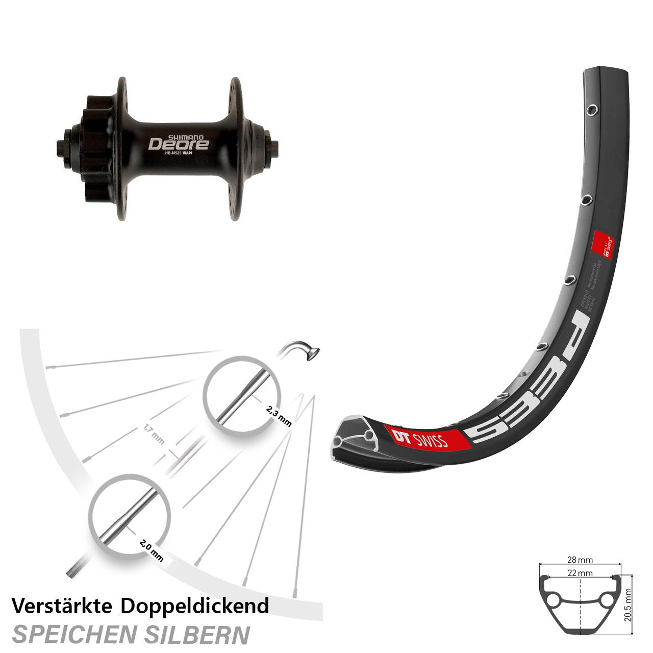 29 Zoll DT Swiss 533d Shimano Deore HB-M525 Disc Laufrad für Schnellspanner