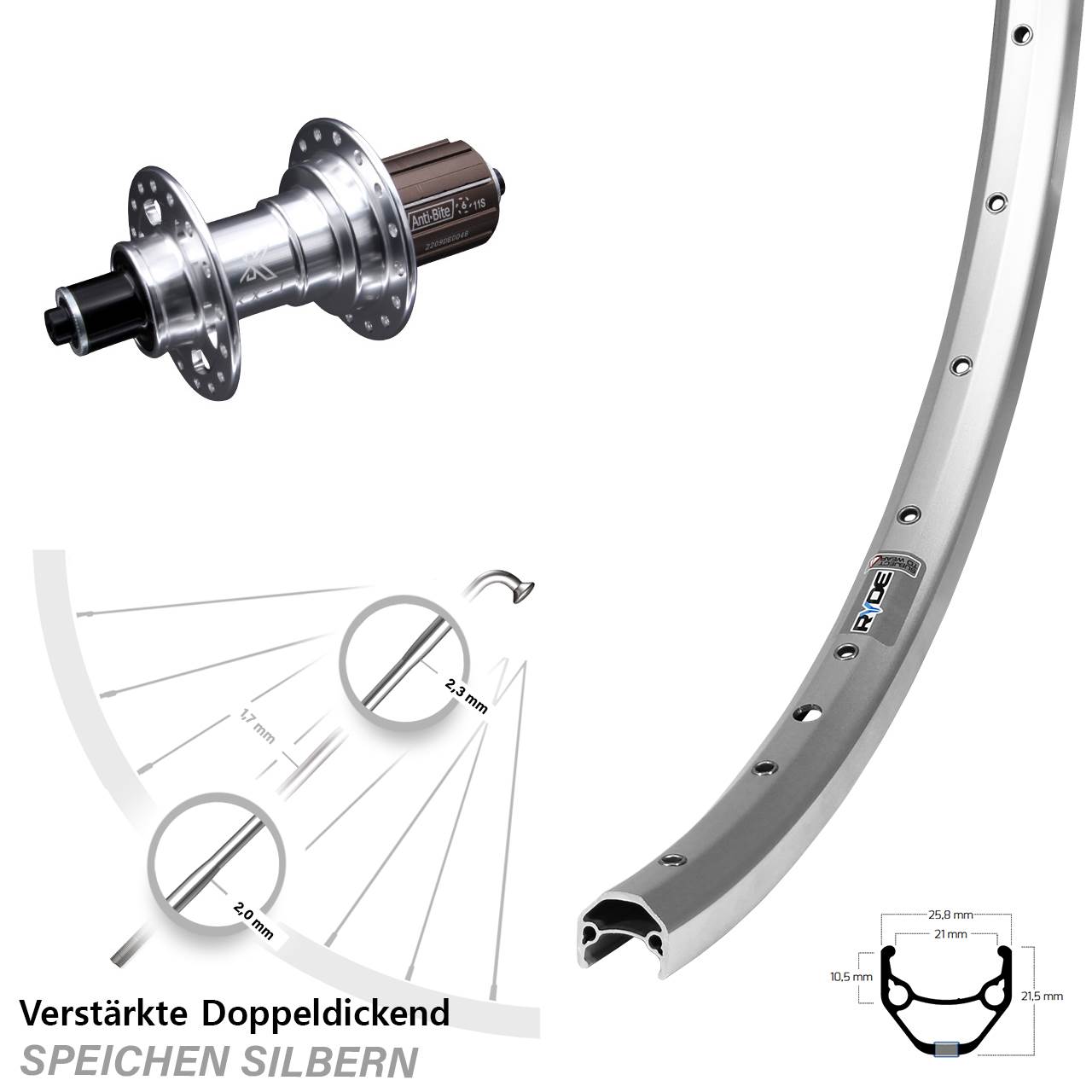 Ryde ZAC 421 Hinterrad 28 Zoll KX-T silbern QR 8-12 fach