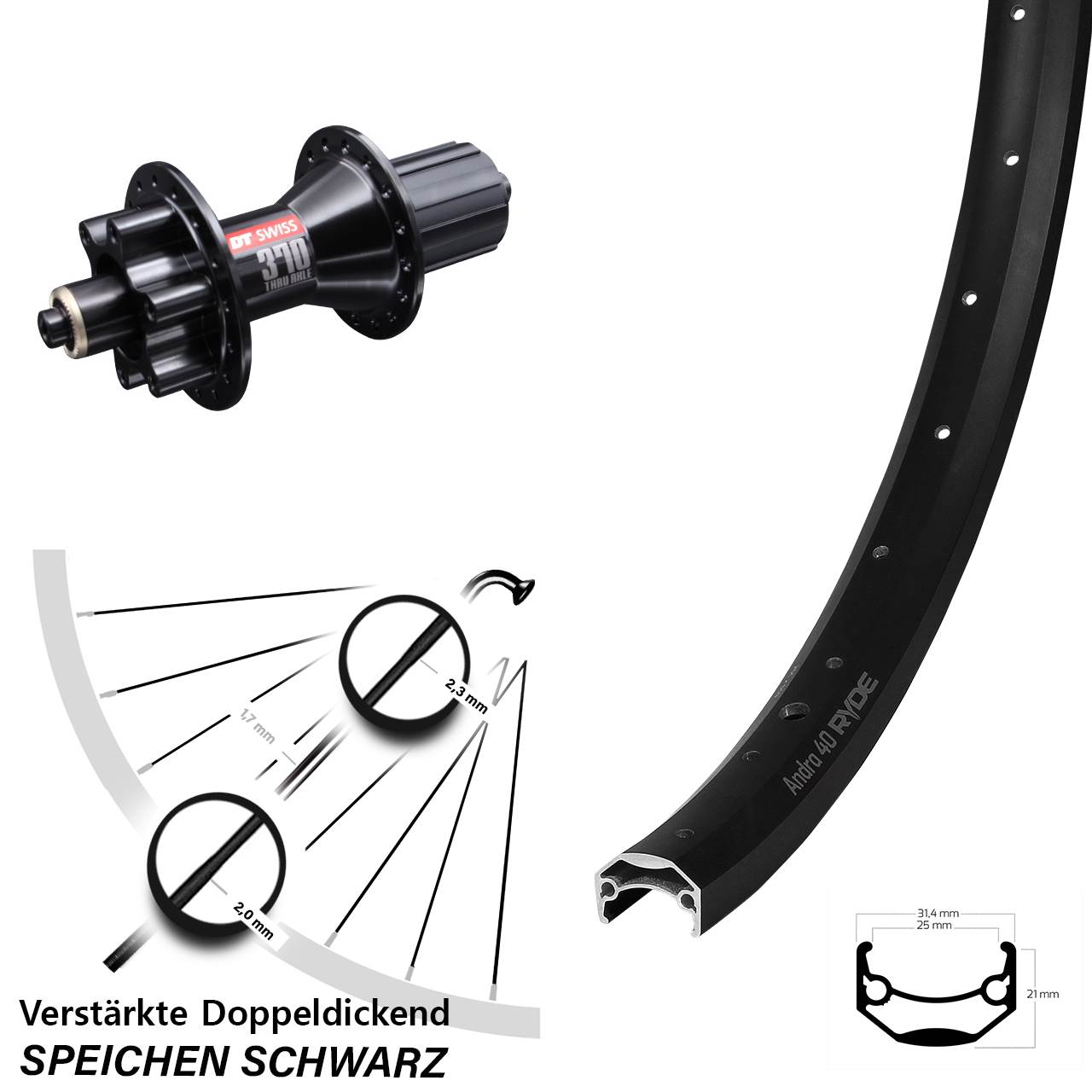 Disc Hinterrad 26 Zoll Ryde Andra 40 DT Swiss 370 Hybrid 8-11 fach HG für Schnellspanner