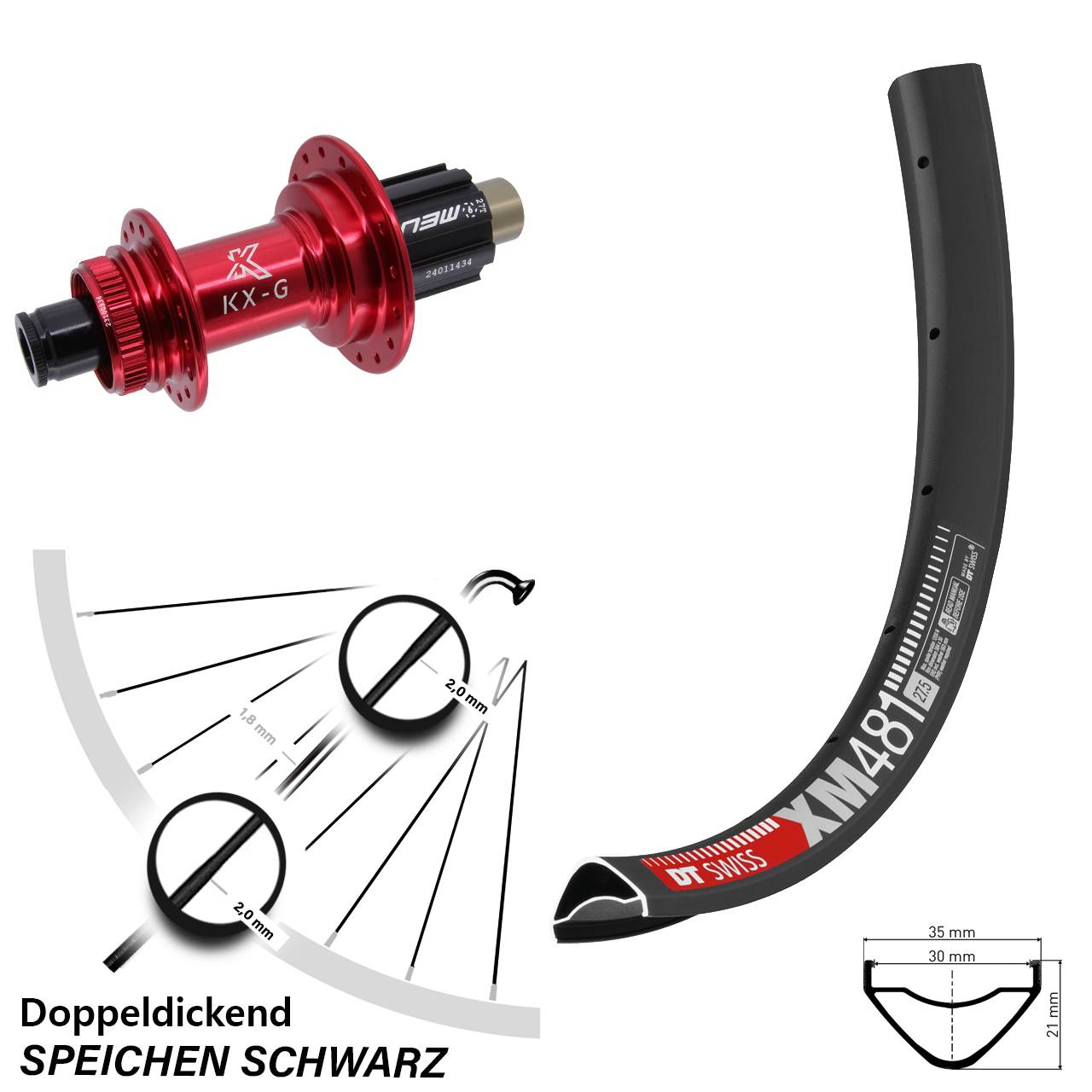 DT Swiss XM 481 27,5 Zoll Hinterrad KX-G rot N3W 12x142