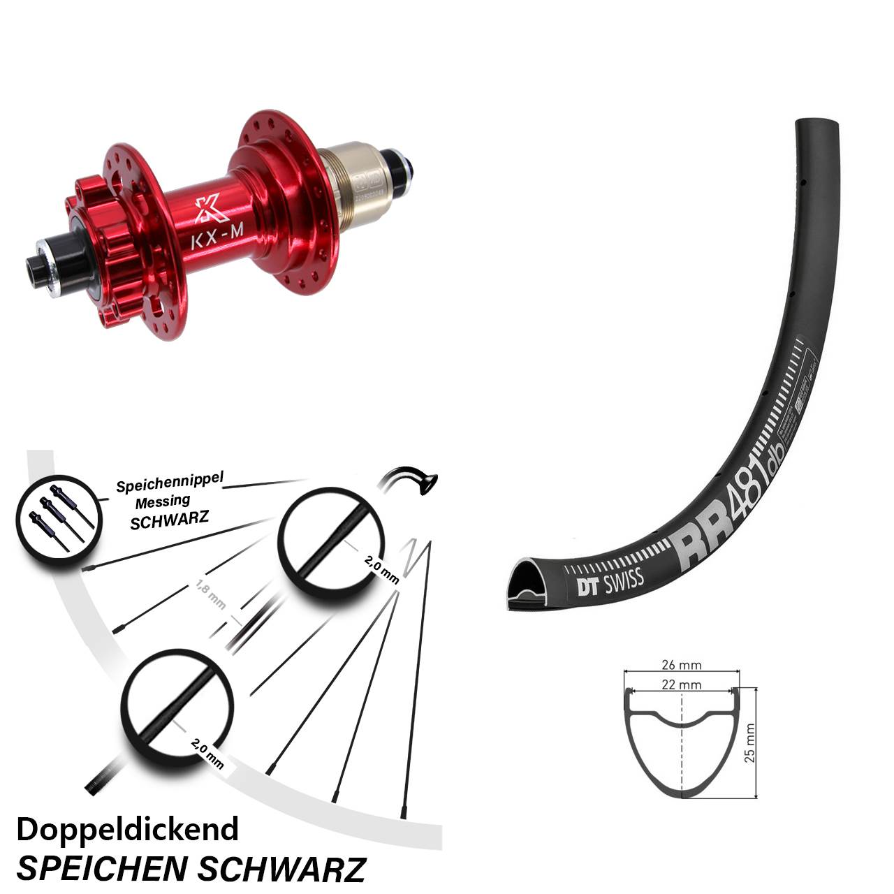 Hinterrad 6-Loch 28 Zoll DT Swiss RR 481 KX-M rot SRAM XD QR