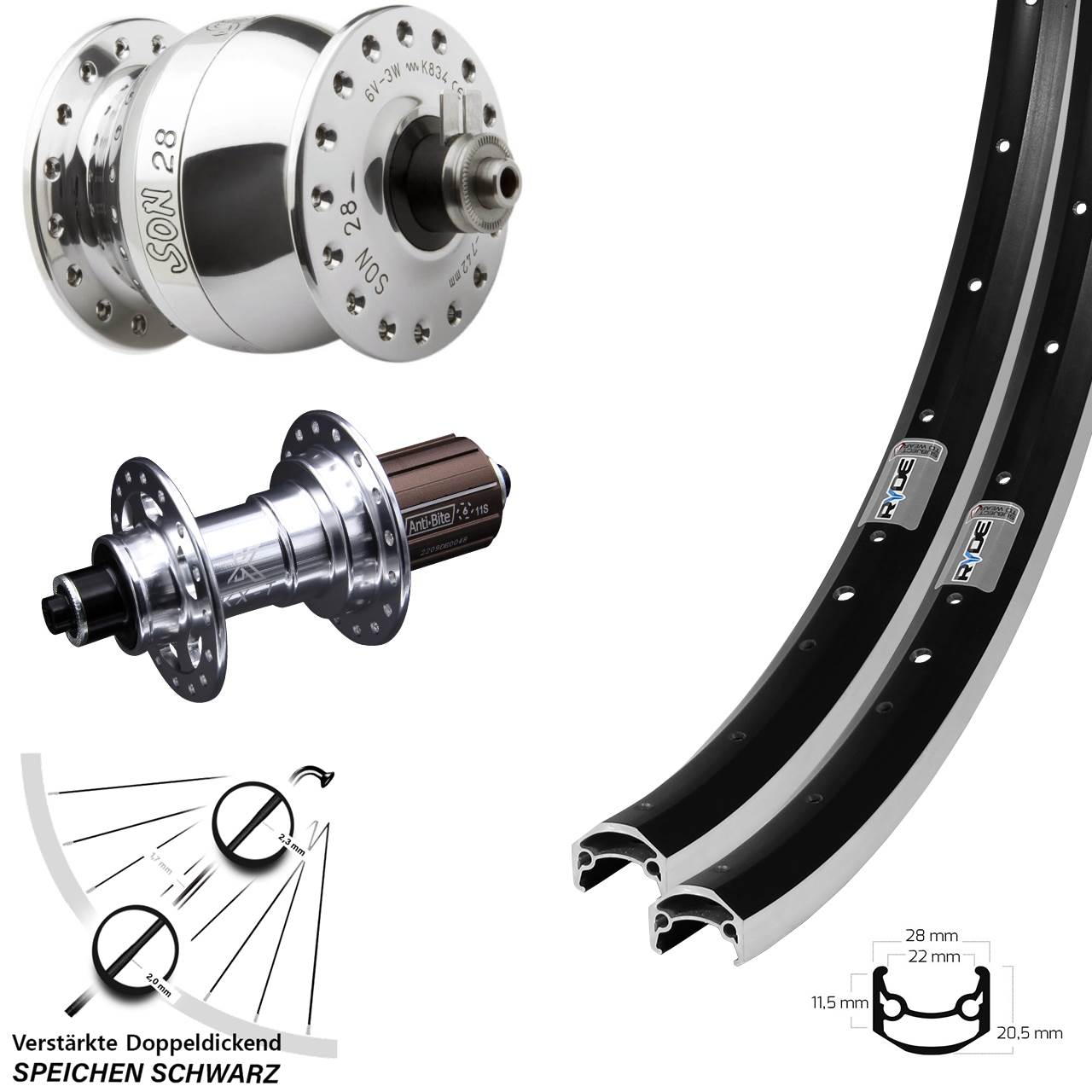 27,5 Zoll Ryde Andra 35 KX-T SON 28 Laufradsatz für Schnellspanner 8-12 fach HG