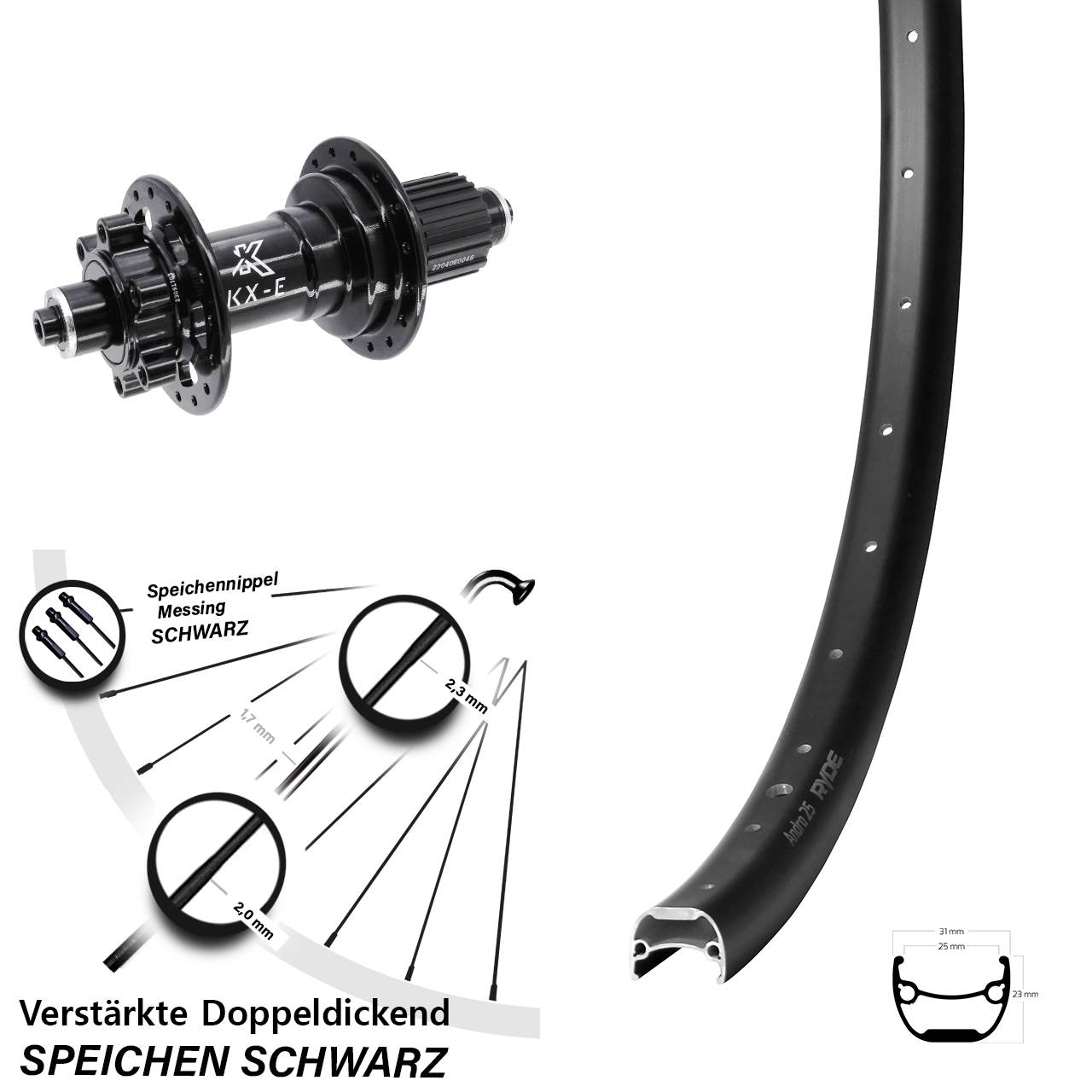 28-29 Zoll Ryde Andra 25 KX-E Boost Hinterrad 6-Loch für Schnellspanner Micro Spline