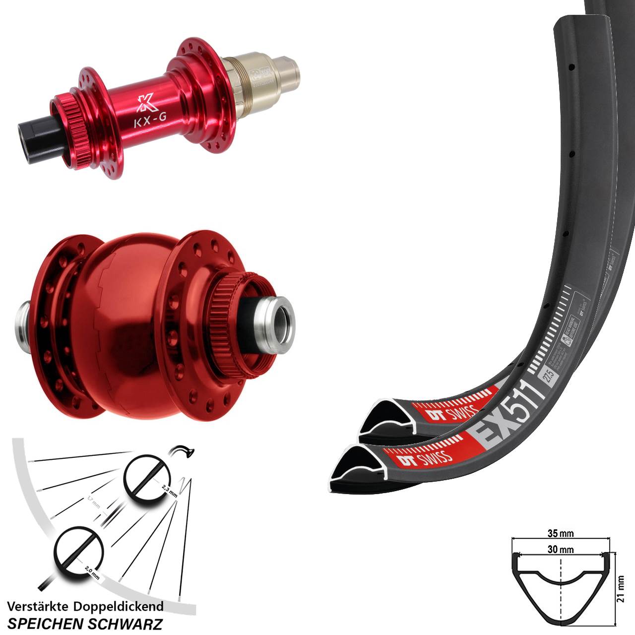 Centerlock Laufradsatz 27,5 Zoll DT Swiss EX511 KX-G rot SON 28 XDR 12x100/142