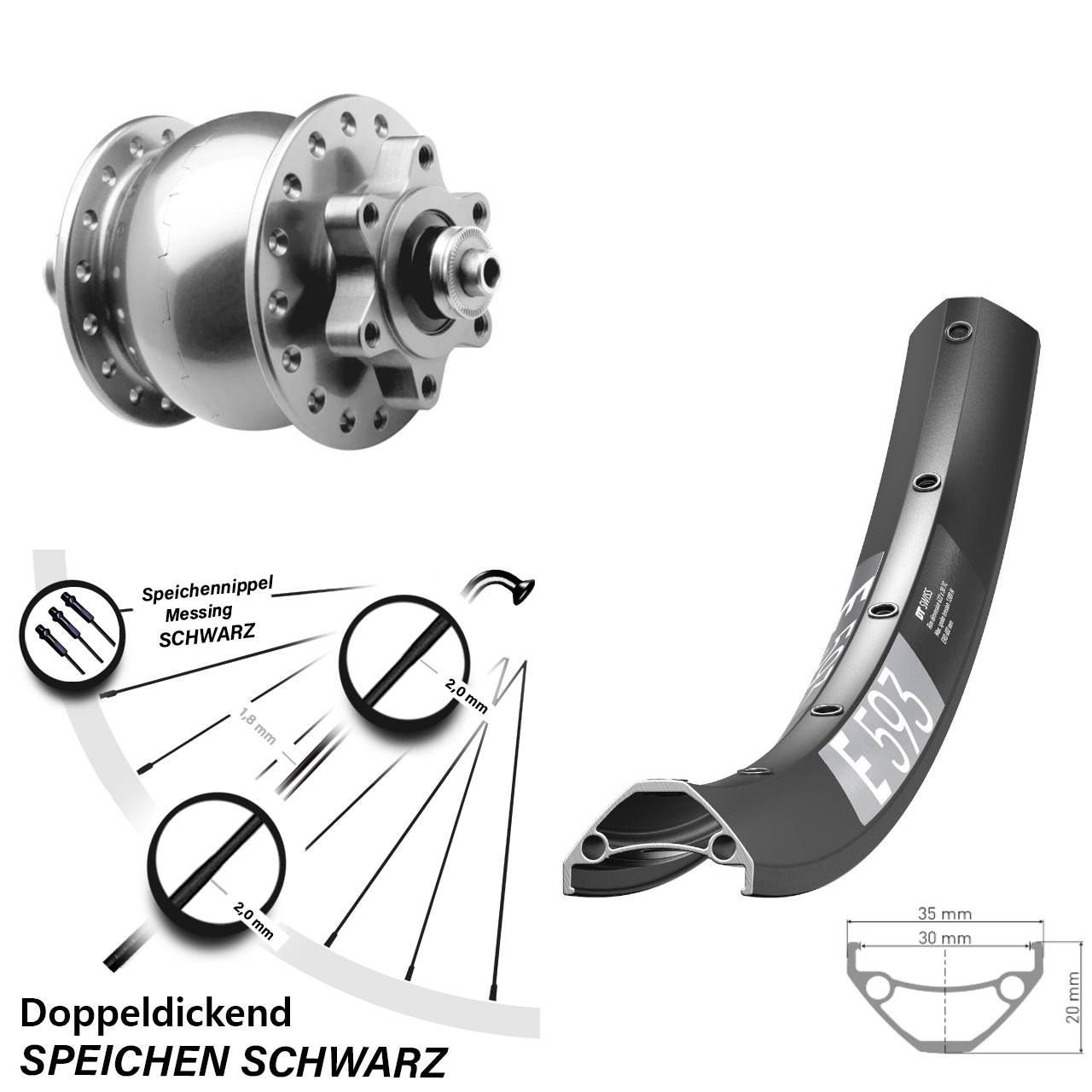 27,5 Zoll DT Swiss E593 SON 28 Disc Vorderrad mit Nabendynamo für Schnellspanner