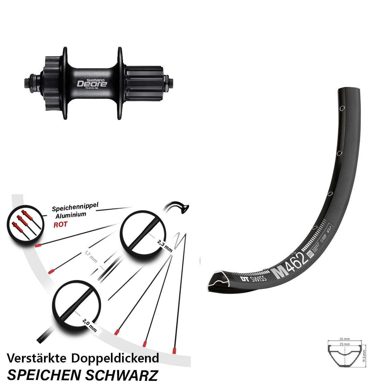 27,5 Zoll DT Swiss M462 Shimano Deore FH-M525 6-Loch Hinterrad QR 8-11 fach HG