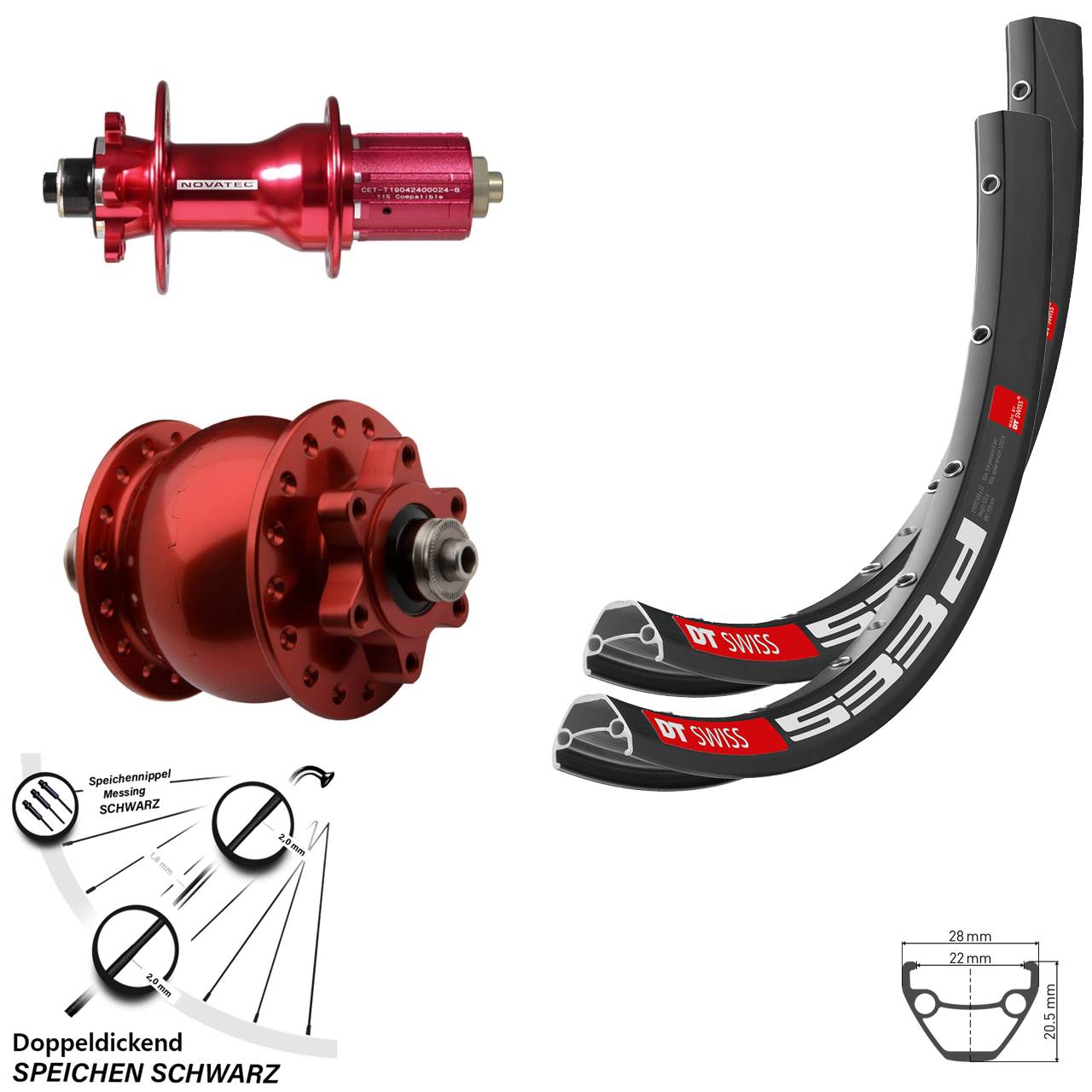 Laufrad-Satz QR SON 28 Zoll DT Swiss 533d Novatec D792 Disc 6-Loch rot 8-12 fach