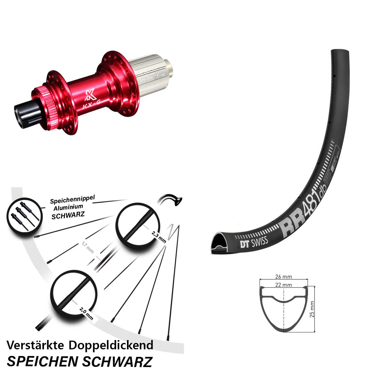 28 Zoll Hinterrad DT Swiss RR 481 DB Nabe KX-G rot-eloxiert 12x142 mm 8-12 fach verstärkt