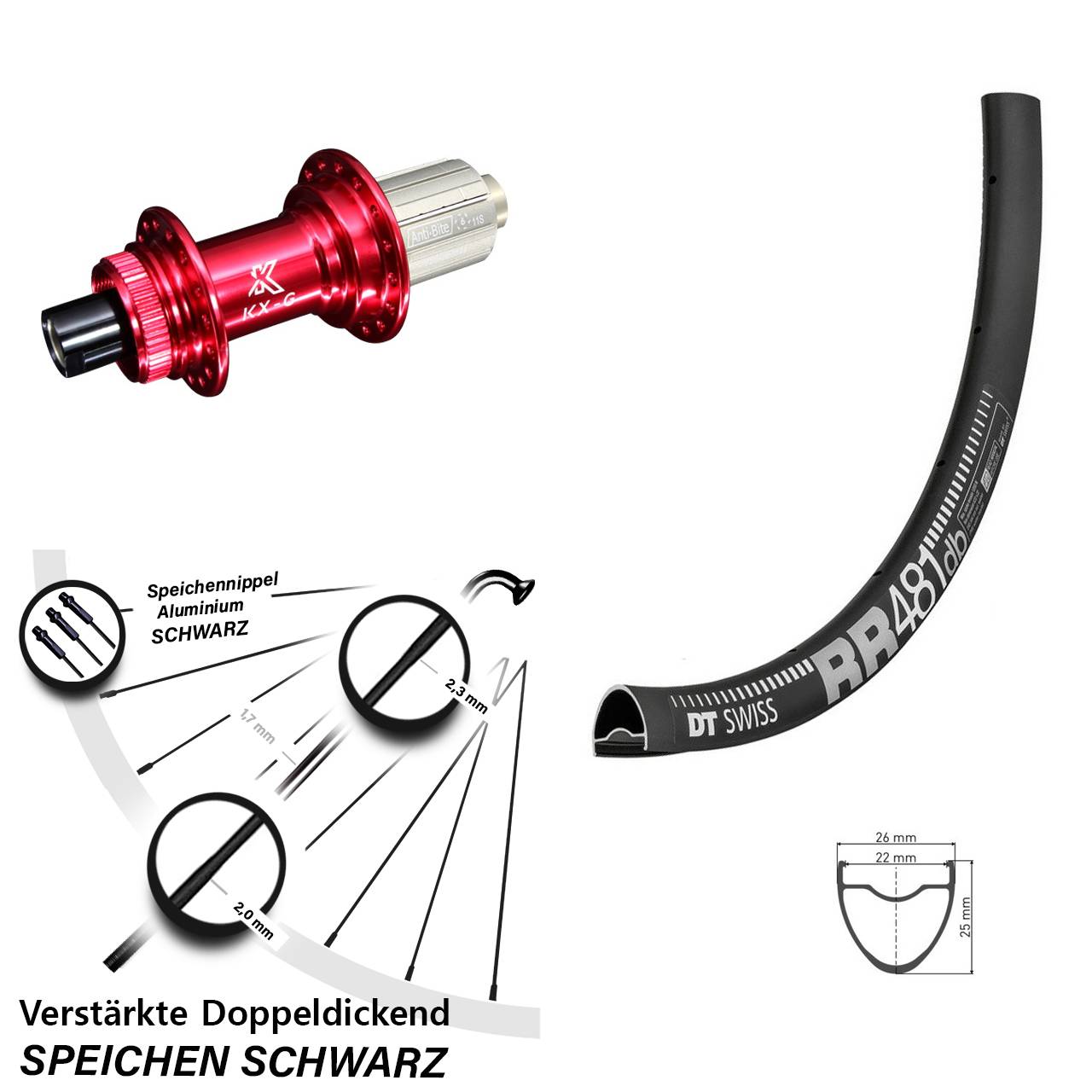28 Zoll Hinterrad DT Swiss RR 481 DB Nabe KX-G rot-eloxiert 12x142 mm 8-12 fach verstärkt