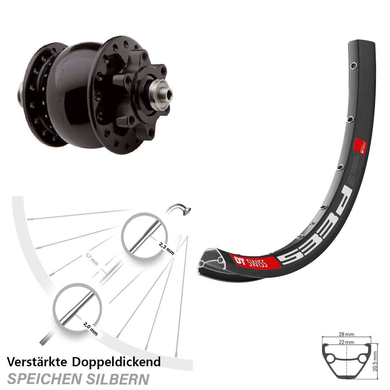Disc Laufrad mit Nabendynamo 29 Zoll DT Swiss 533d SON 28 für Schnellspanner