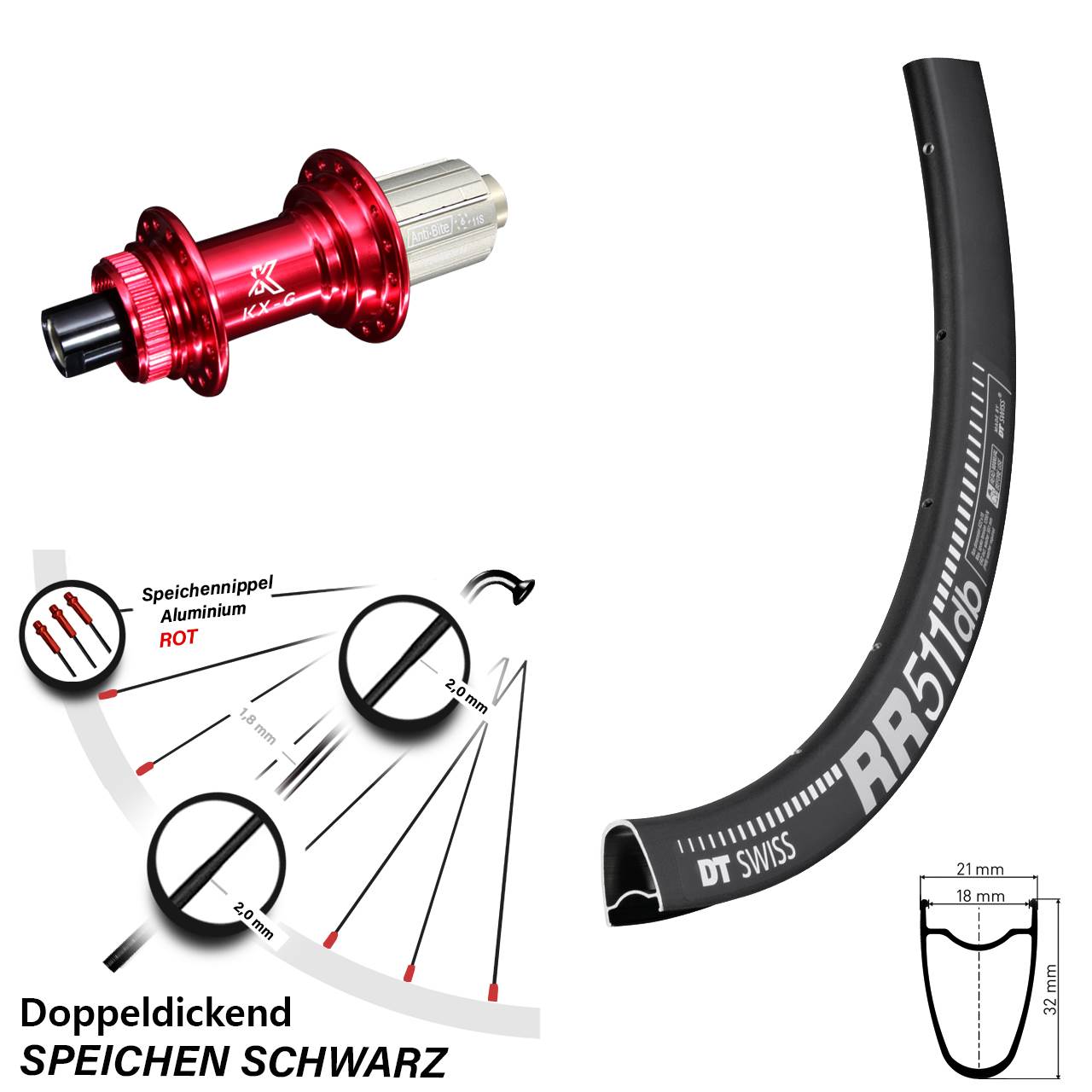 28 Zoll Hinterrad KX-G Nabe rot 12x142 mm 8-12 fach DT Swiss RR 511 DB Centerlock