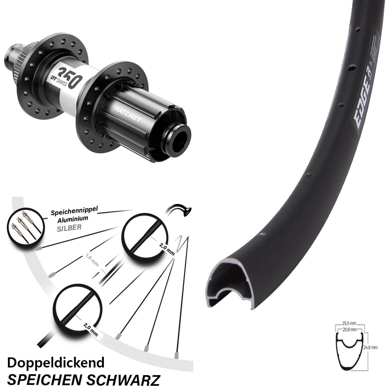 Ryde Edge R25 OS Disc Hinterrad 28 Zoll DT Swiss 350 Centerlock 12x142 mm Road 11-fach