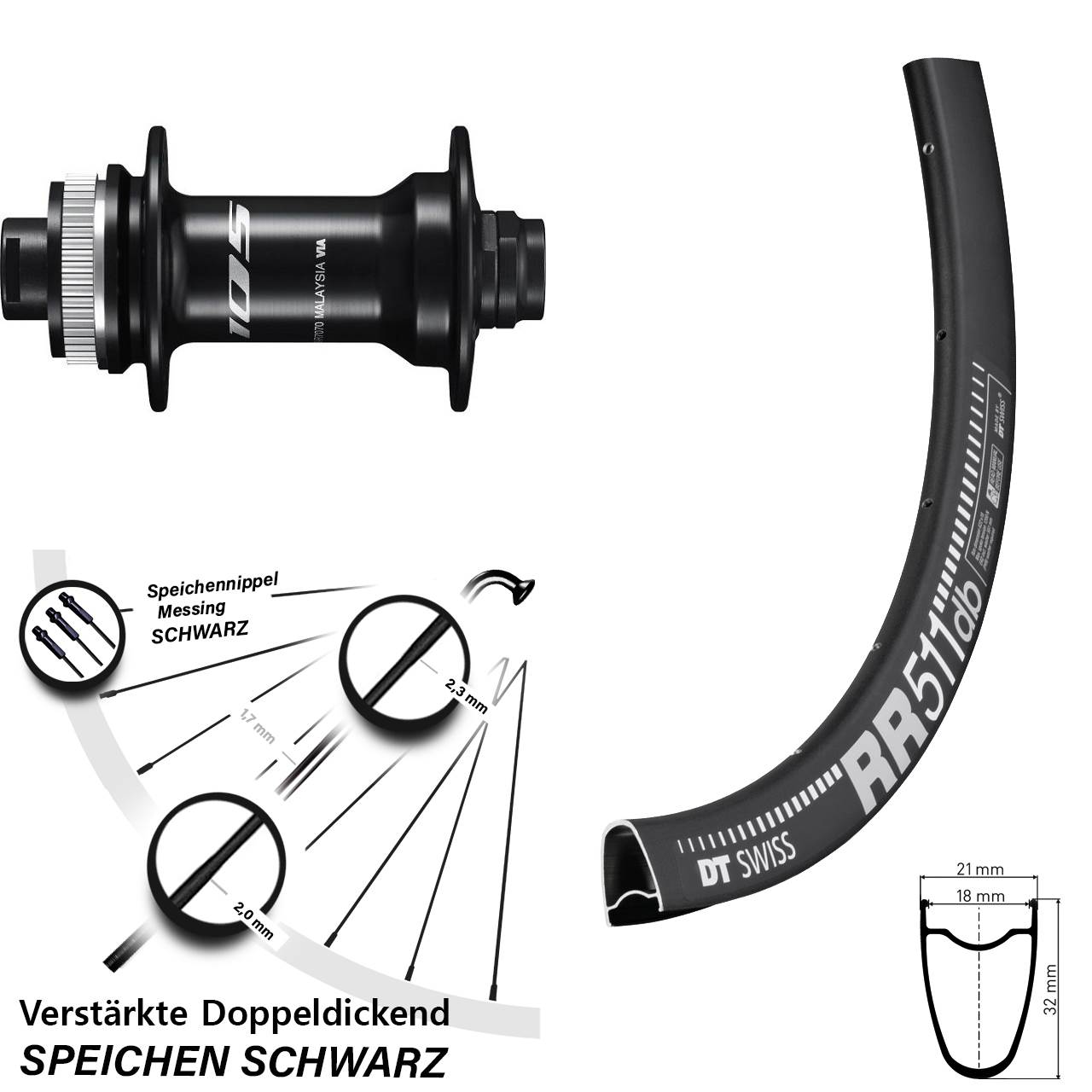 28 Zoll Vorderrad Shimano 105 HB-R7070 DT Swiss RR 511 DB für Steckachse 12x100 mm
