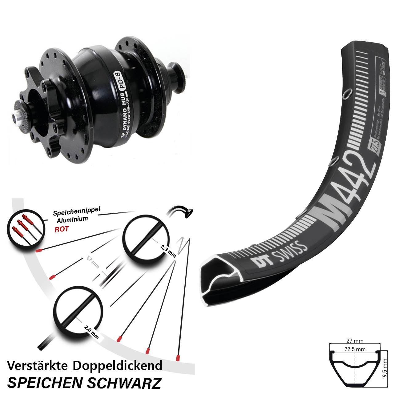 DT Swiss M 442 Shutter PD-8 28 Zoll Disc Laufrad mit Nabendynamo für Schnellspanner