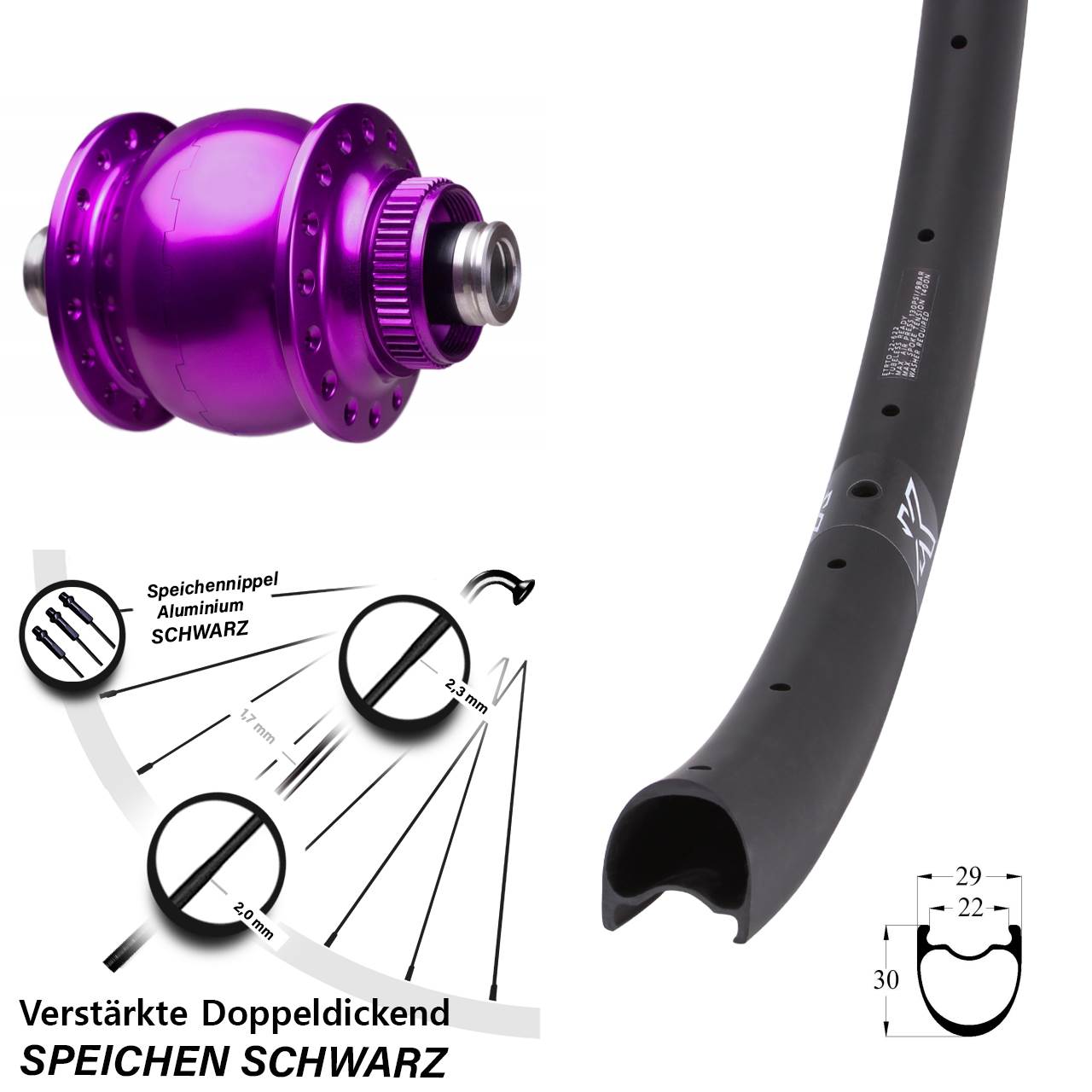 Centerlock Dynamo-Vorderrad 12x100 28-29 Zoll KX-RC Gravel Carbon SON 28 violett