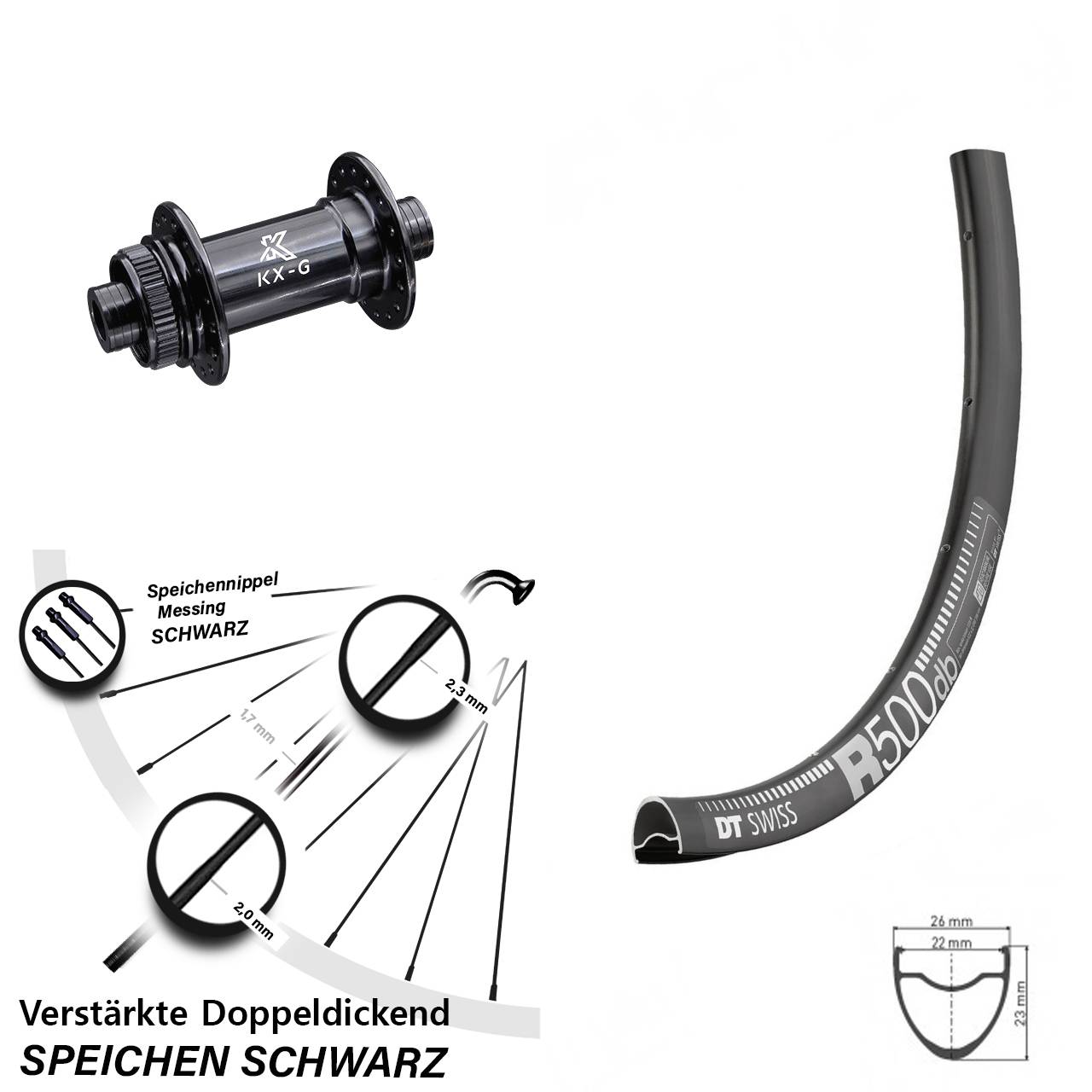 Road Disc DT Swiss R 500 Vorderrad 28 Zoll verstärkt mit KX-G Nabe 12x100 mm Centerlock