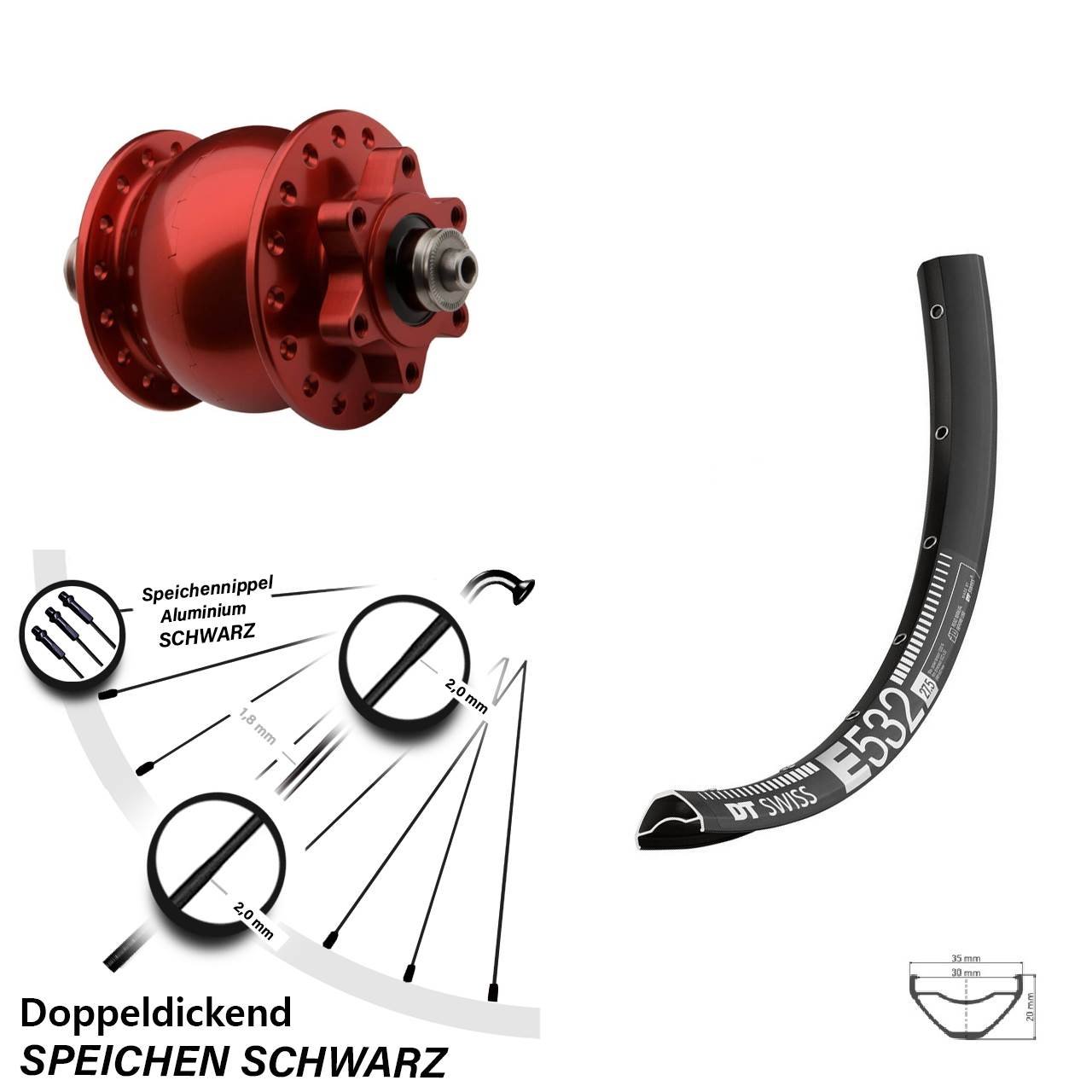 SON 28 rot DT Swiss E 532 27,5 Zoll 6-Loch Nabendynamo-Vorderrad QR