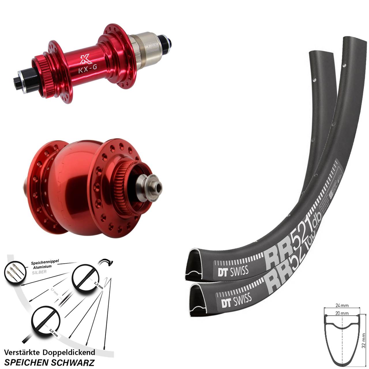 SON 28 Zoll DT Swiss RR521 KX-G rot Laufradsatz QR SRAM XDR