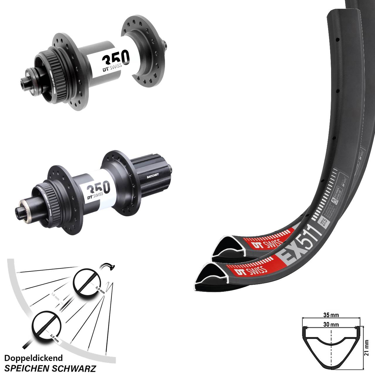 29 Zoll DT Swiss EX511 350 HG Disc Laufradsatz 5x100/135