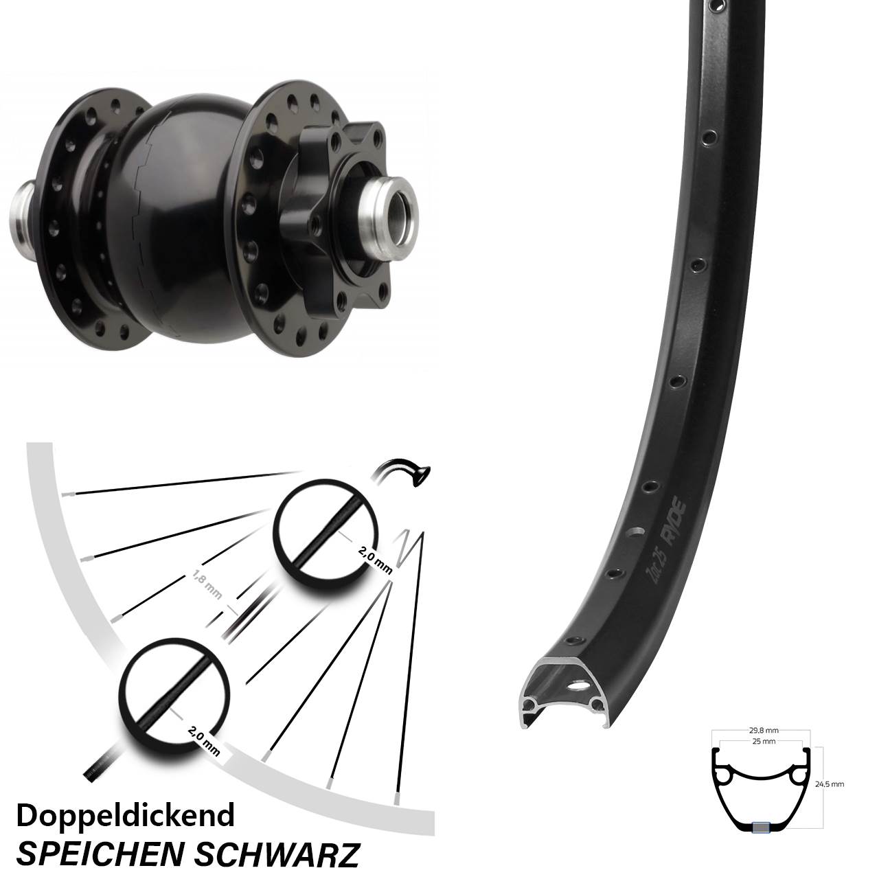 Disc Laufrad mit Nabendynamo Ryde ZAC 25 SON 28 Zoll 12x110 Boost