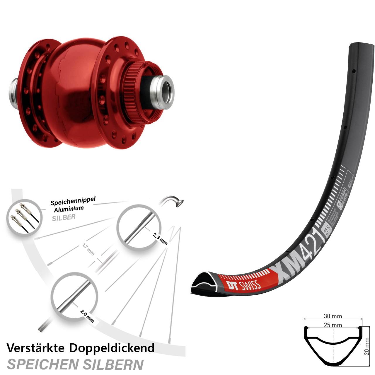 29 Zoll DT Swiss XM 421 SON 28 rot Dynamo-Vorderrad Centerlock 12x100