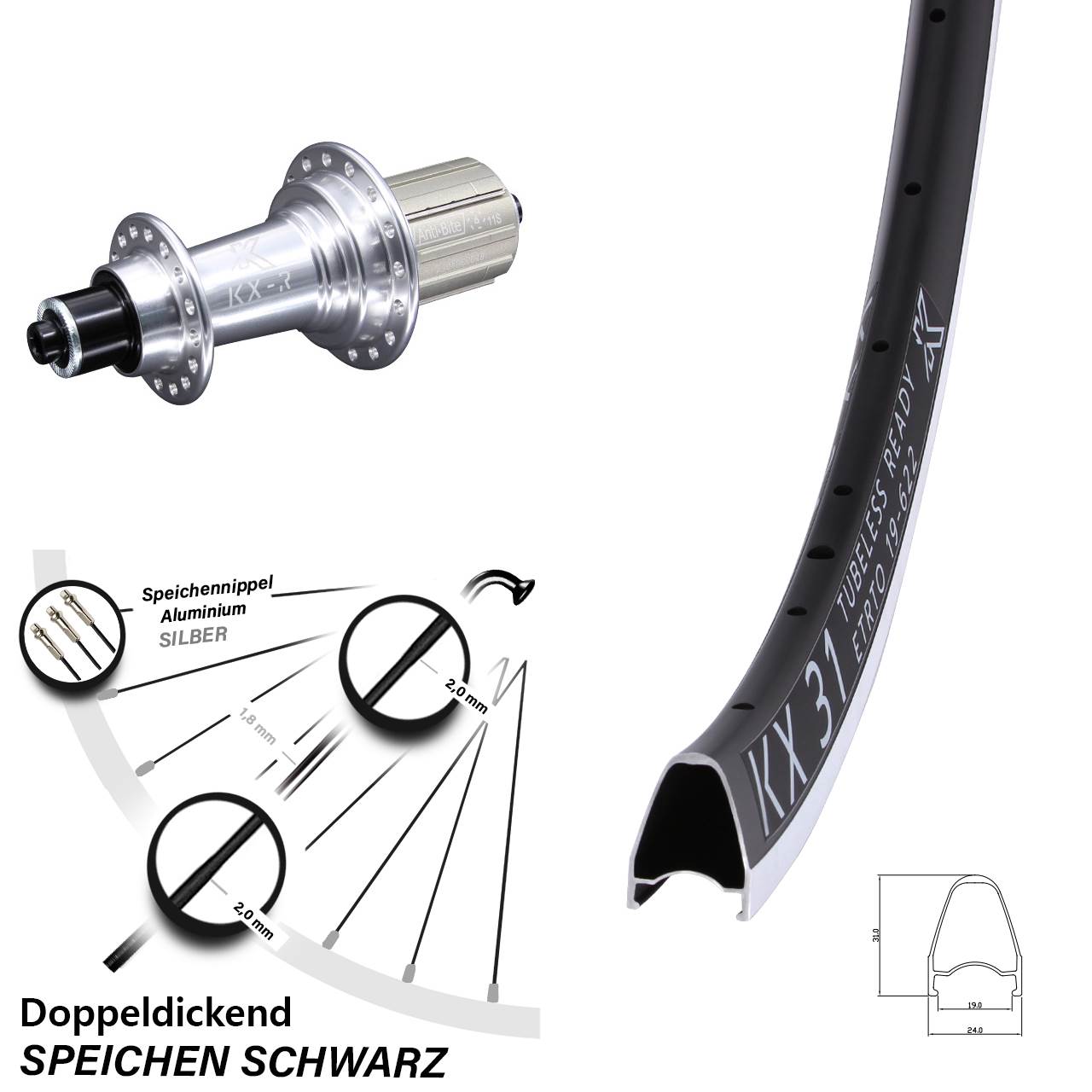 28 Zoll KX 31 KX-R Hinterrad für Schnellspanner 8-12 fach