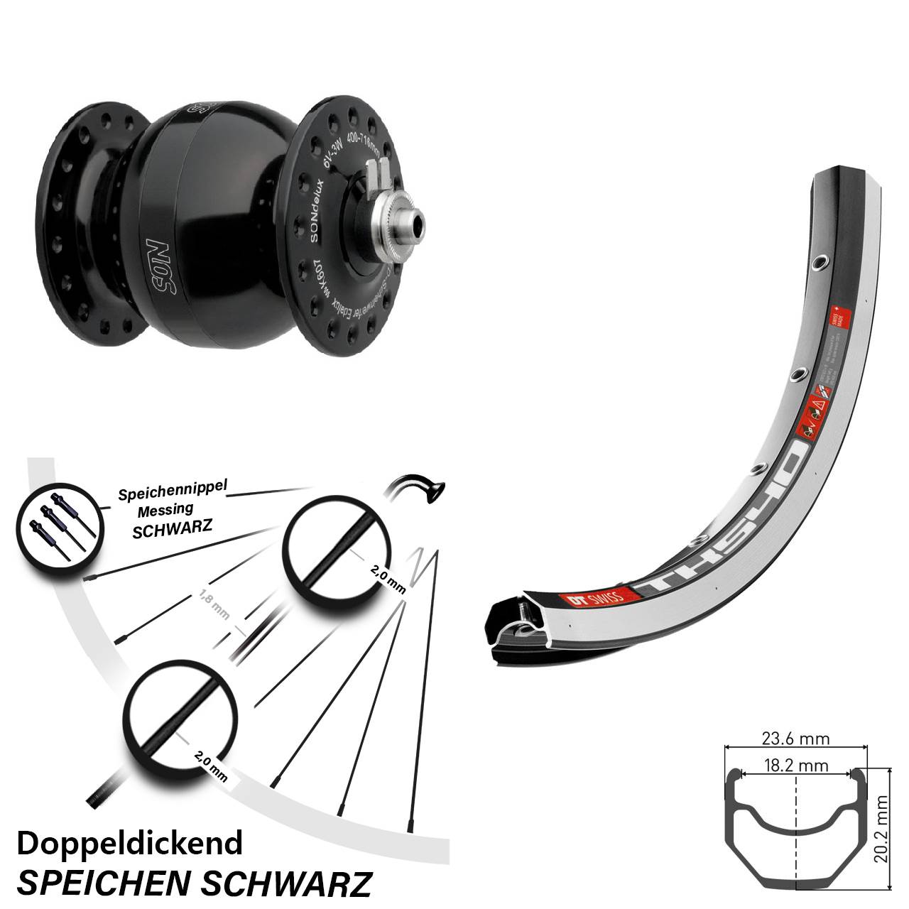 28 Zoll DT Swiss TK 540 SON delux wide body Nabendynamovorderrad für Schnellspanner