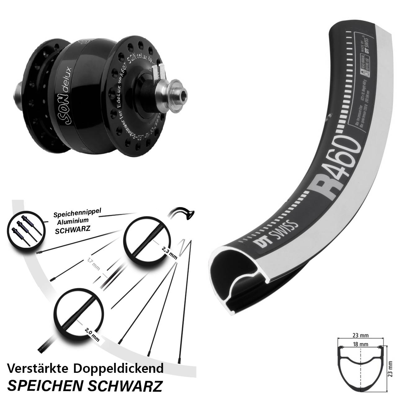 28 Zoll DT Swiss R 460 CNC SON delux Nabendynamovorderrad für Schnellspanner