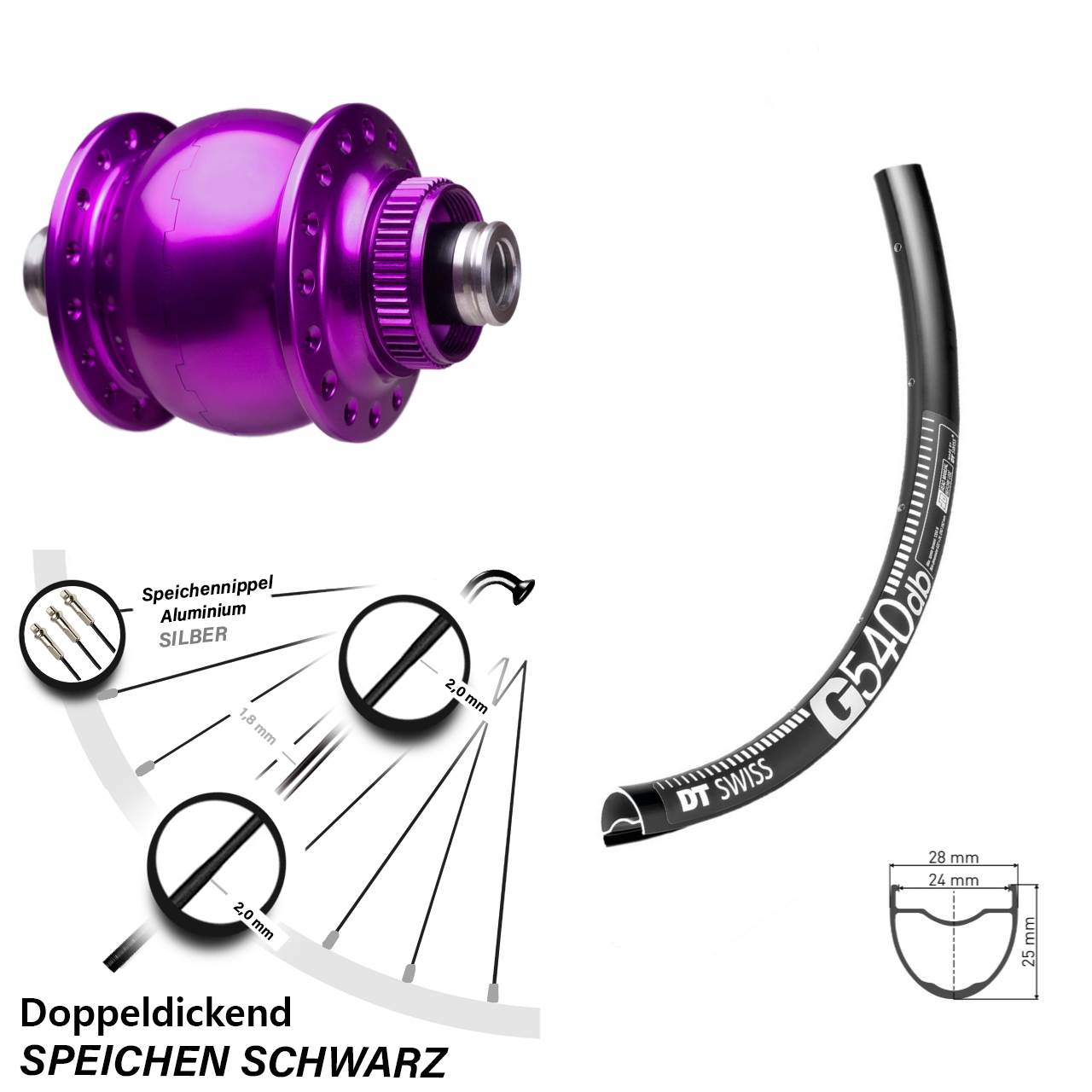Laufrad 27,5 Zoll DT Swiss G540 Disc SON 28-12x100 Centerlock violett
