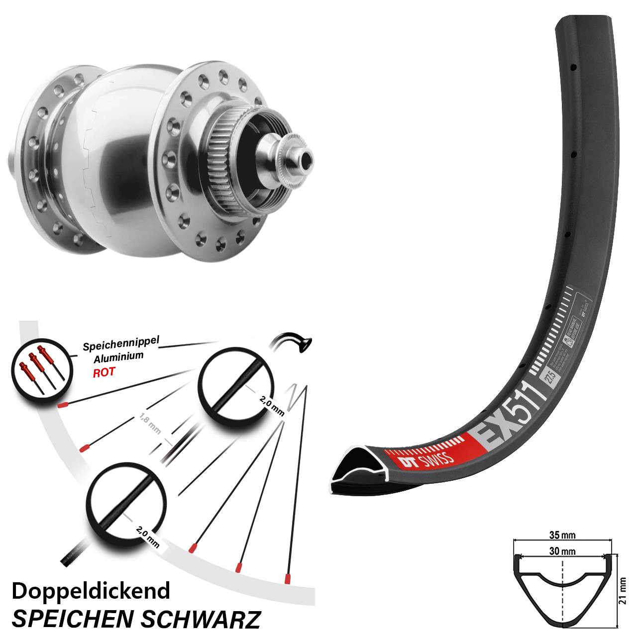 Disc Nabendynamo-Laufrad 27,5 Zoll DT Swiss EX511 SON 28 silbern QR