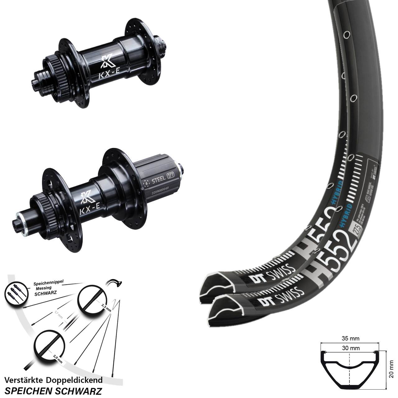 27,5 Zoll DT Swiss H 552 KX-E Heavy Duty Disc Laufrad-Satz für Schnellspanner 8-12 fach HG