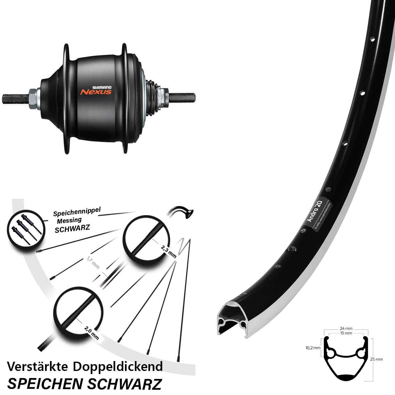 28 Zoll Ryde Andra 20 Shimano Nexus 8 Gang Freilauf Hinterrad schwarz