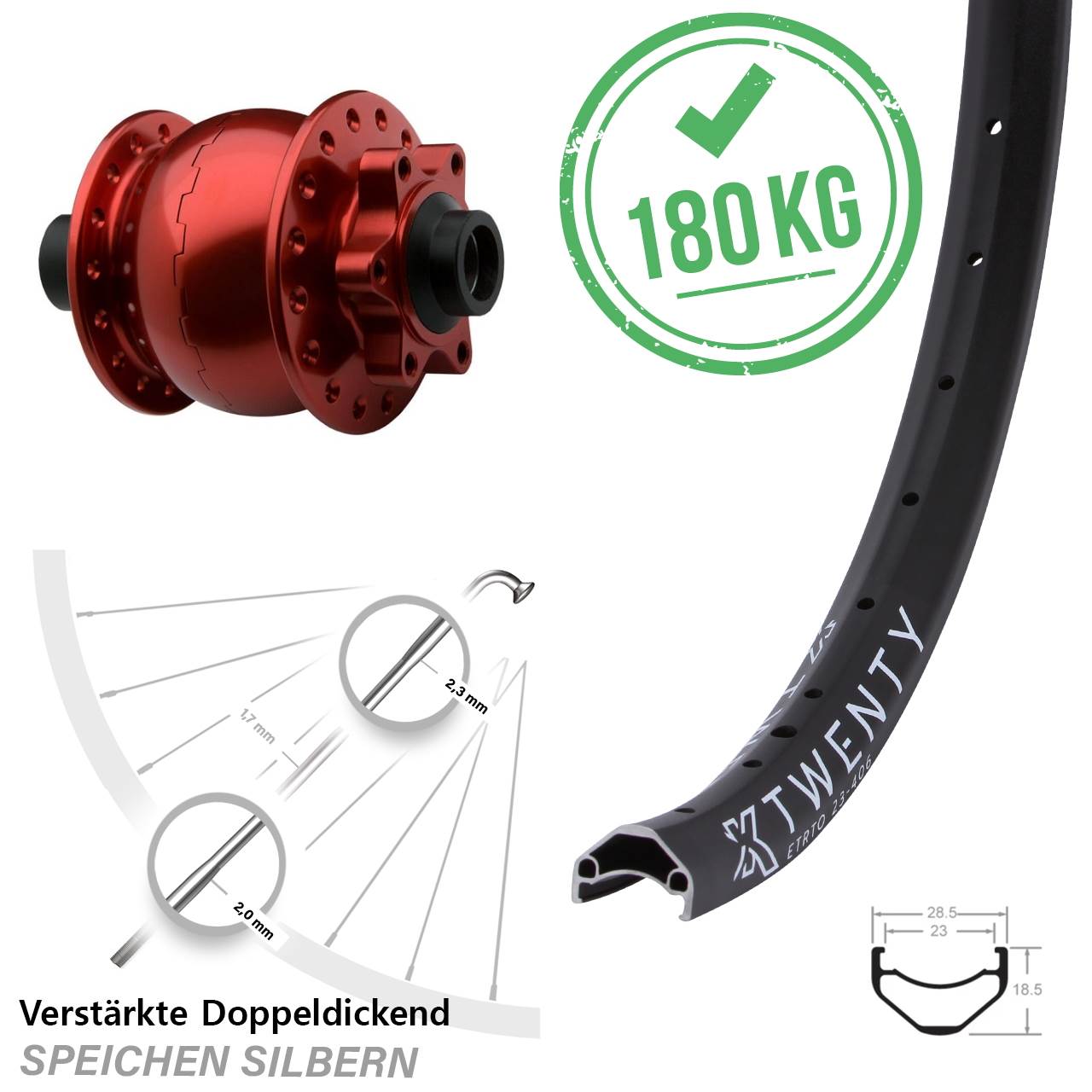 20 Zoll Nabendynamo rot verstärkt Vorderrad KX Twenty Disc 6-Loch Steckachse 15x100mm