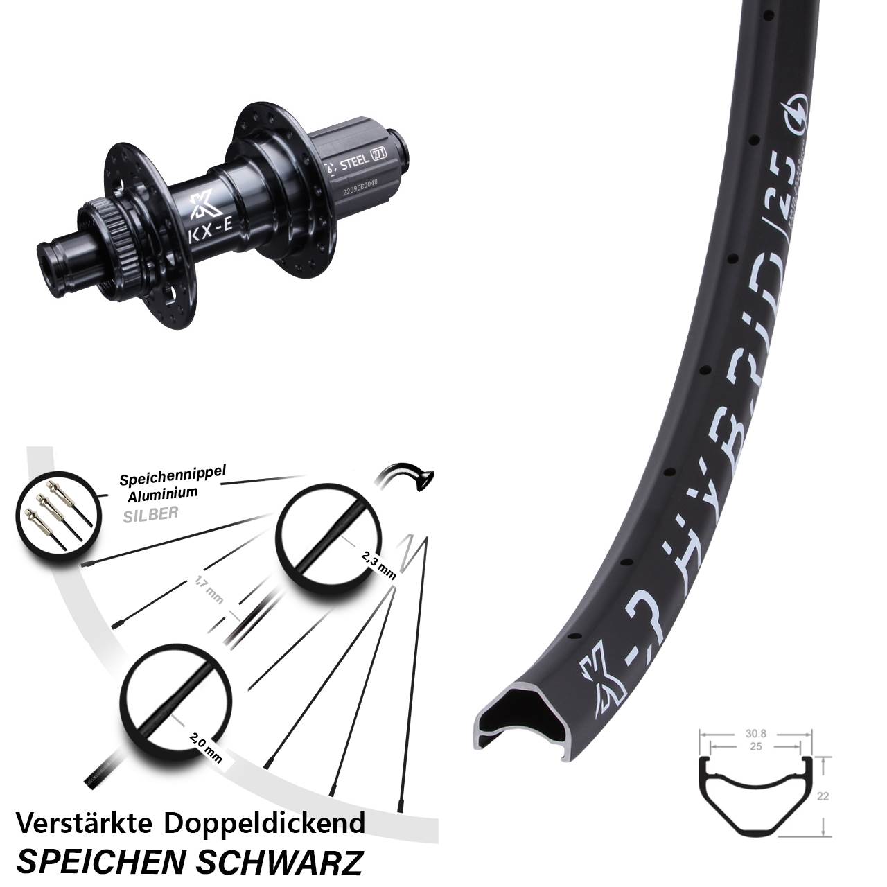 27,5 Zoll KX-R Hybrid 25 E-Bike verstärkt Disc Hinterrad 12x142 8-12 fach HG