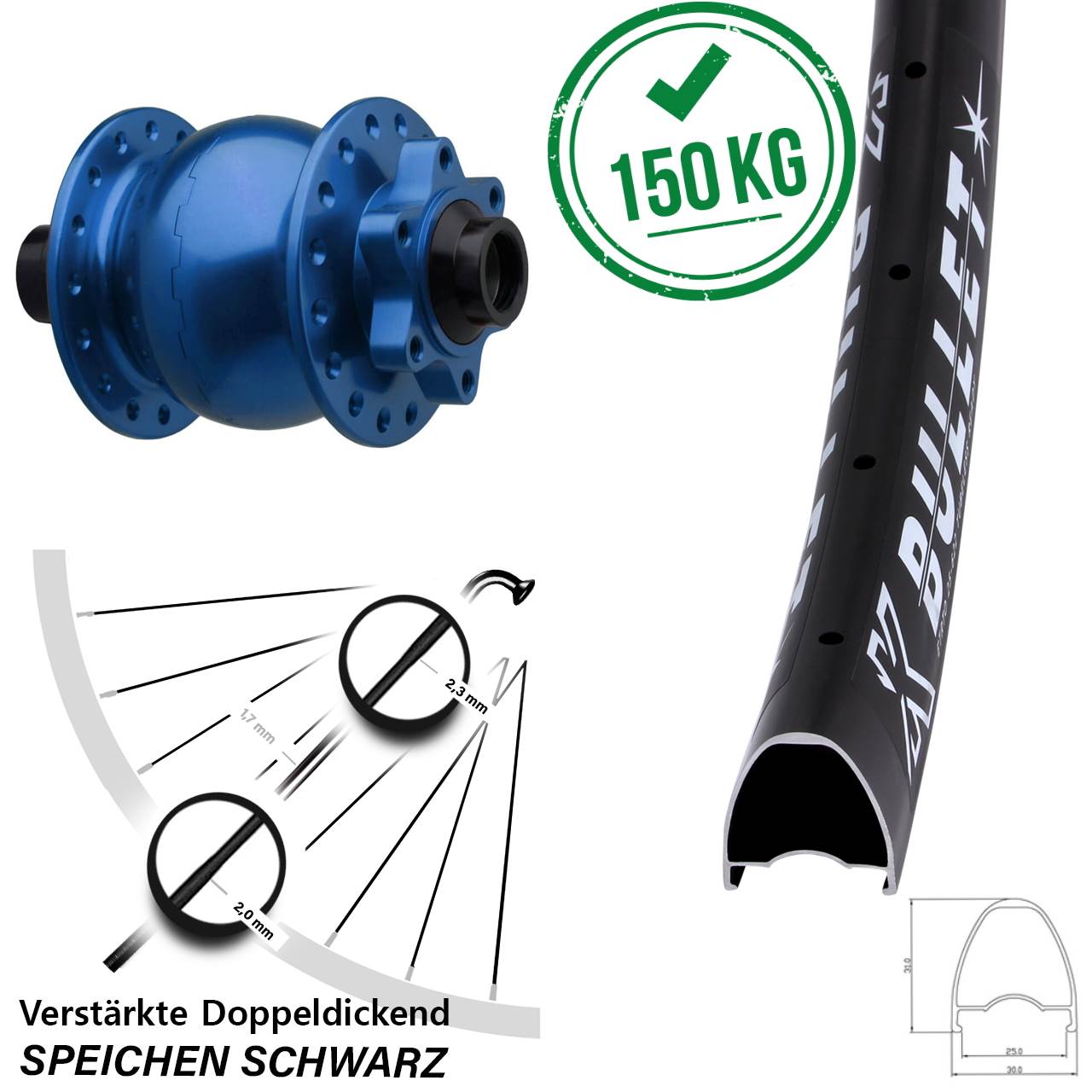 Boost Disc Nabendynamolaufrad 15x110 KX Bullet SON 28 Zoll blau