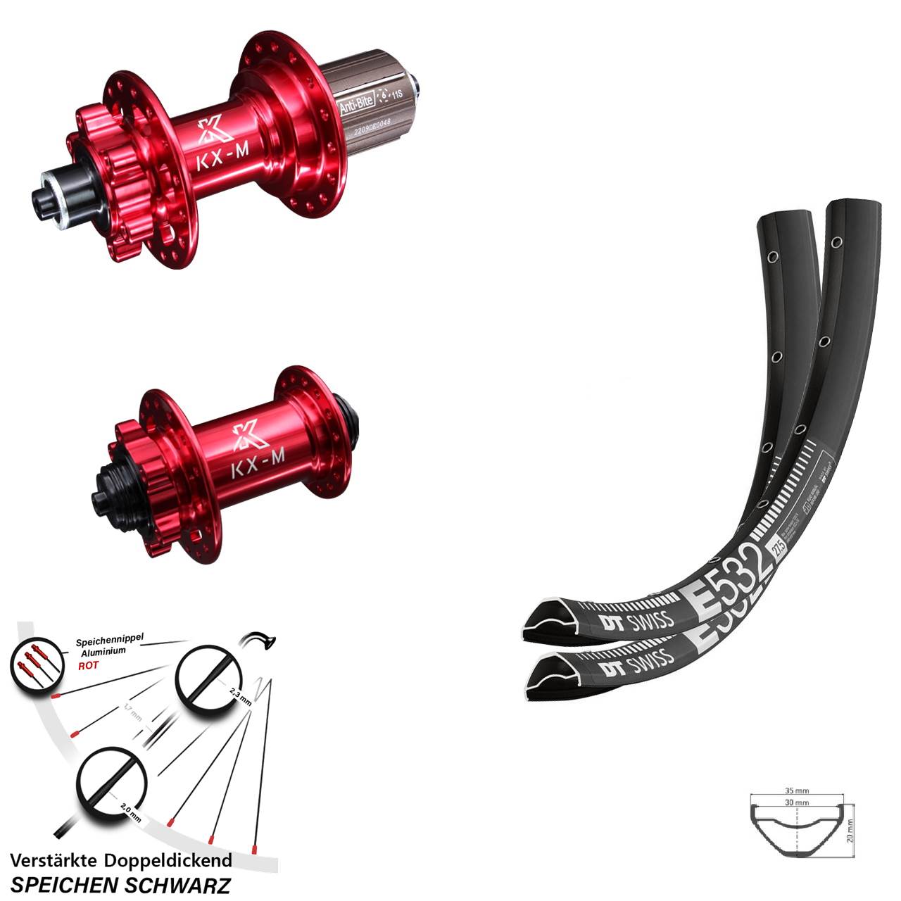 6-Loch Laufradsatz 29 Zoll DT Swiss E532 KX-M rot 8-12 fach HG für Schnellspanner