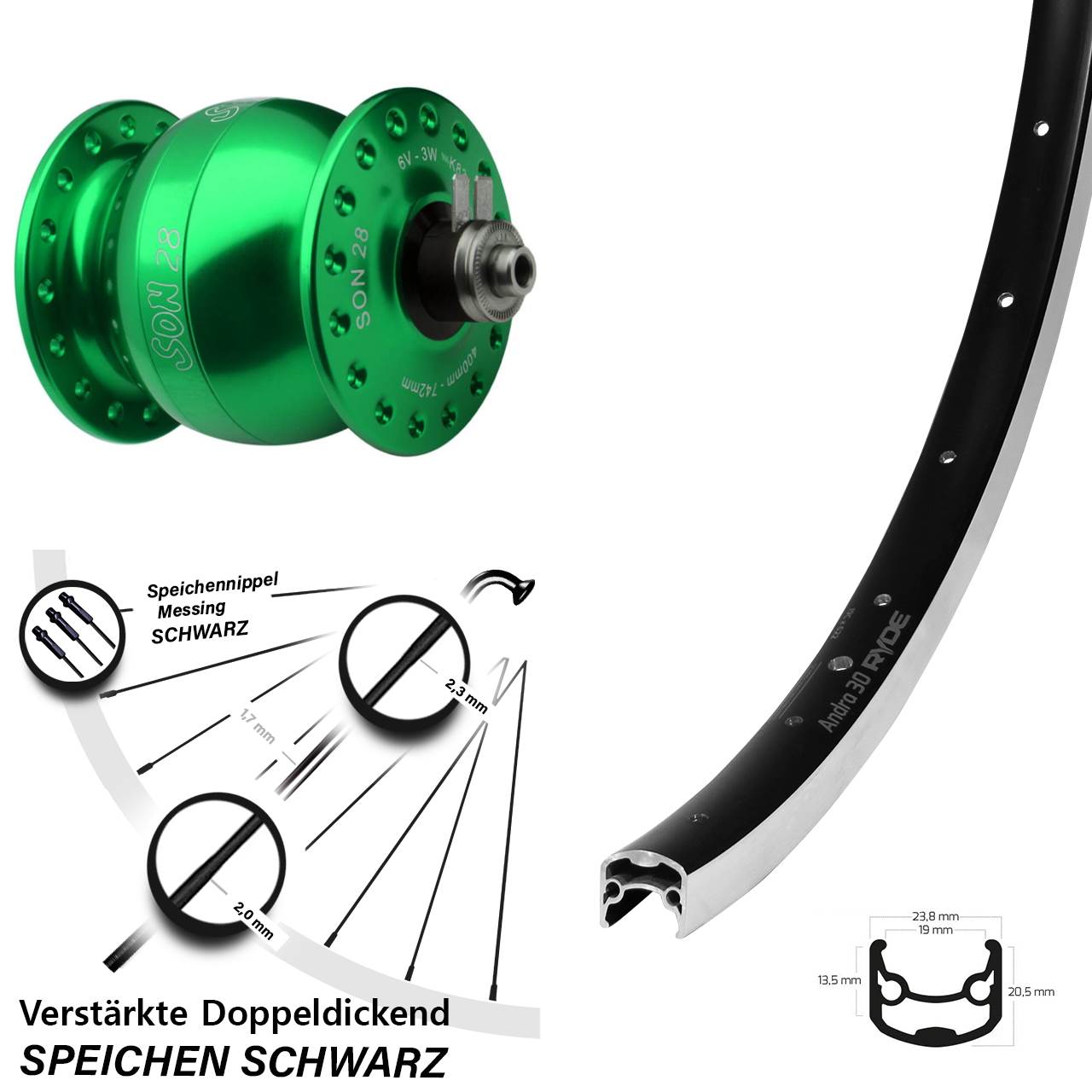 Nabendynamolaufrad grüner SON 28 Zoll Ryde Andra 30 für Schnellspanner