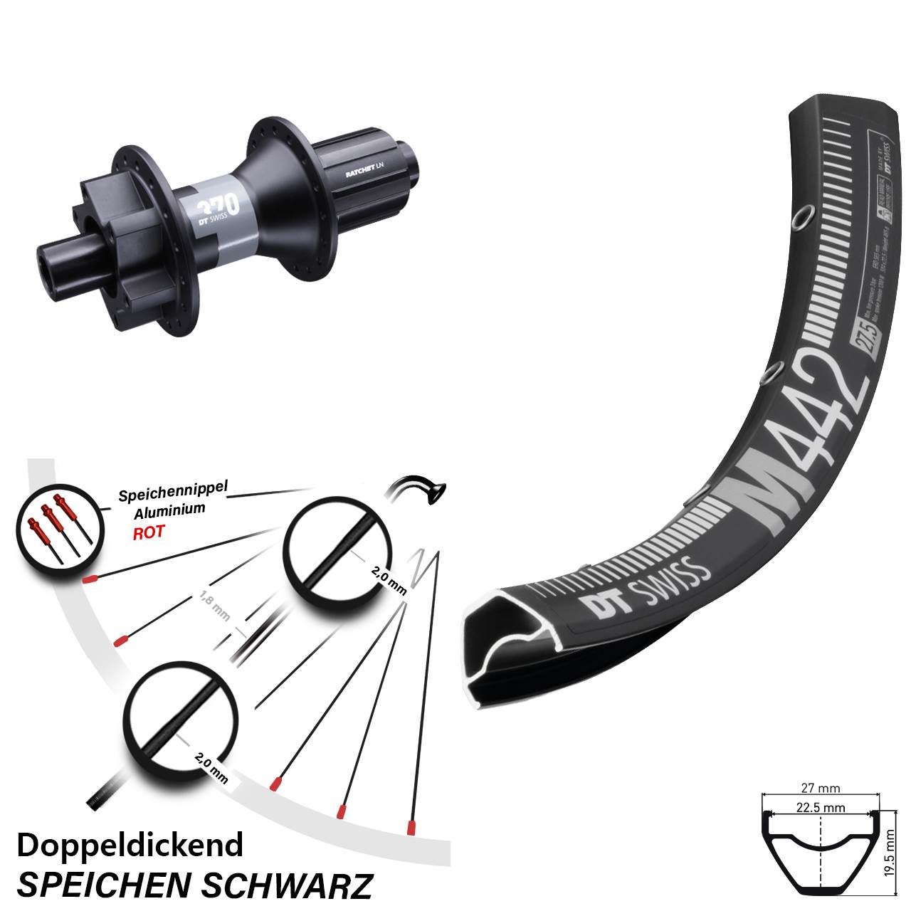 M 442 DT Swiss 370 12x142 mm Hinterrad 29 Zoll Disc 6-Loch 8-11 fach