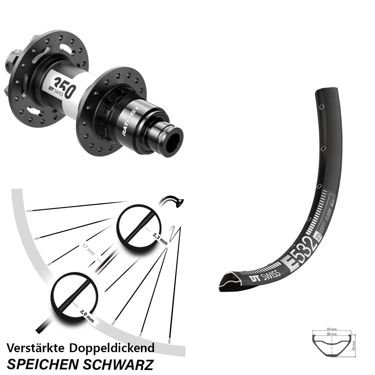 29 Zoll DT Swiss E 532-350 Ratchet 36 Disc Hinterrad 12x142 SRAM XD