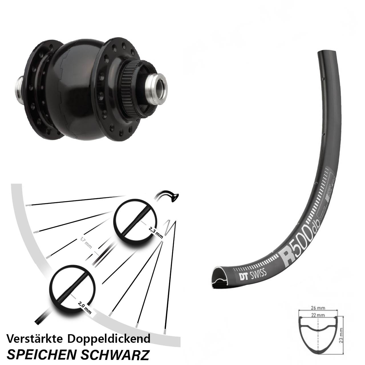 Nabendynamovorderrad Centerlock 12x100 28-29 Zoll DT Swiss R500 SON delux